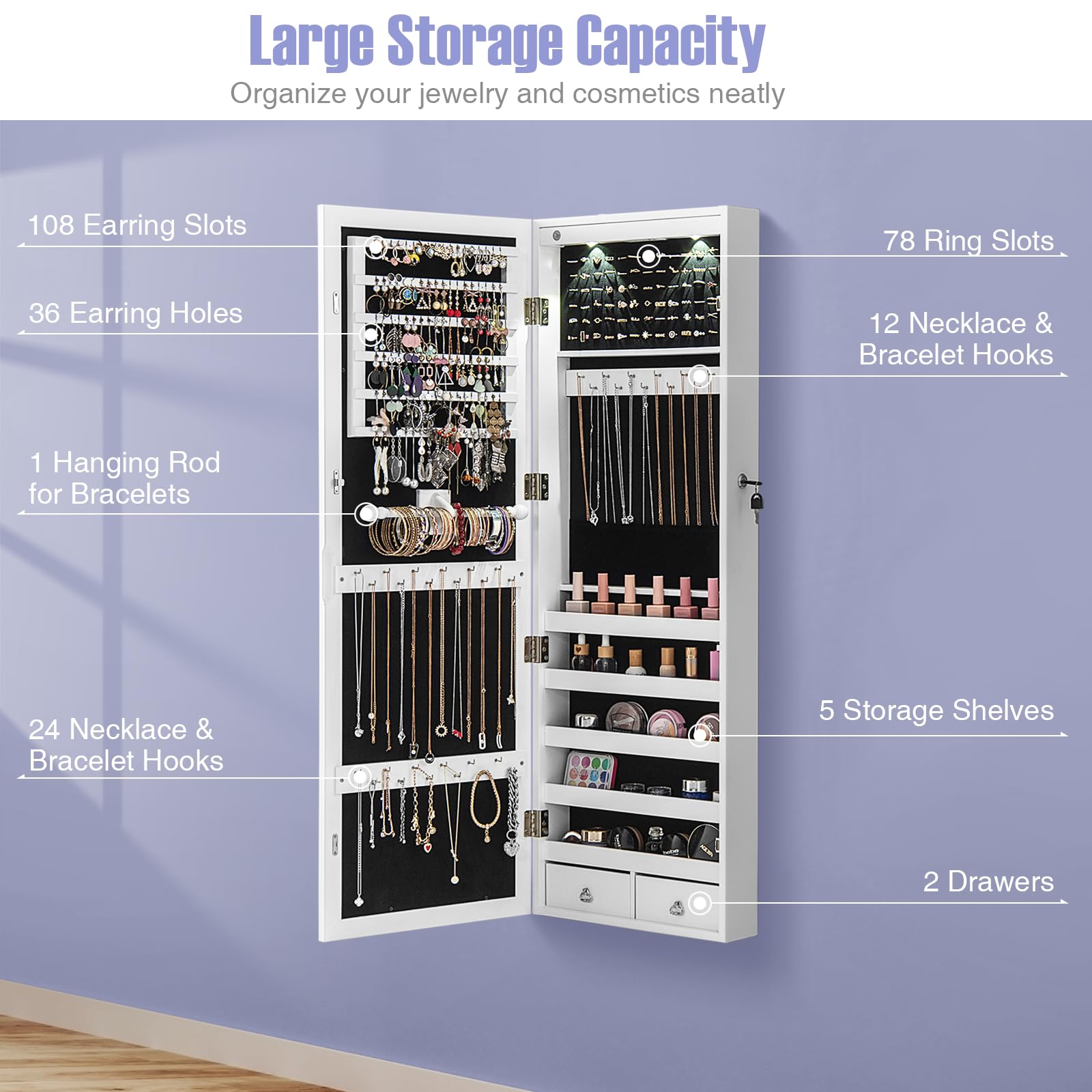 GOFLAME Full Length Mirror Jewelry Cabinet - Wall Mounted Jewelry Armoire with LED Lights, Lockable Drawers & Large Storage Capacity - White Over The Door Mirror Organizer for Bedroom, Closet & Dressing Room