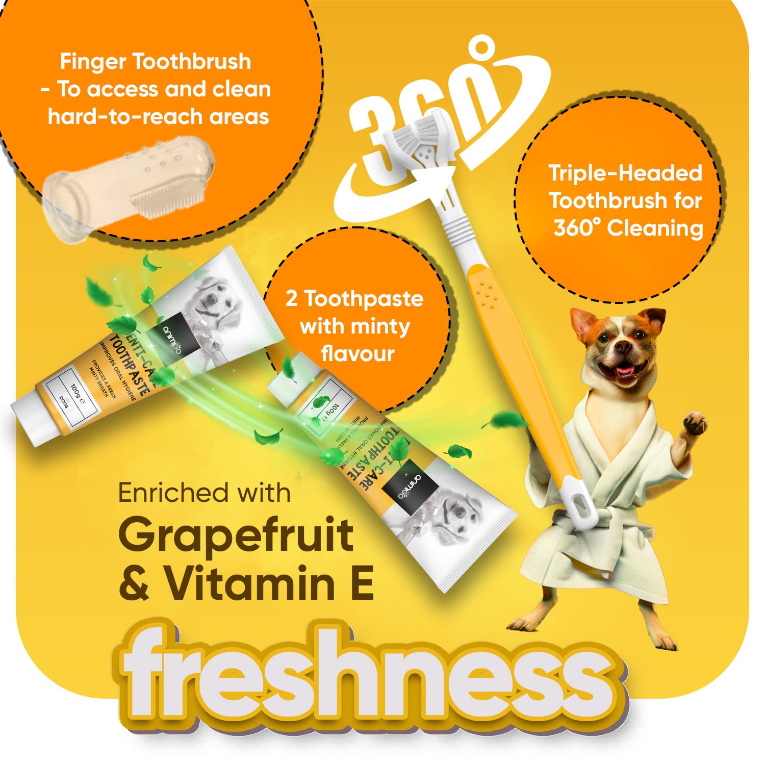 Dog Toothbrush and Toothpaste Kit for Dental Care - 2X 100g Dog Toothpaste for Plaque Removal & Fresh Breath, 1x Triple-Head Toothbrush for Tartar Control & 1x Finger Toothbrush - Complete Dog Teeth Cleaning Set for Small, Medium & Large Breeds - Perfect for Daily Oral Hygiene at Home