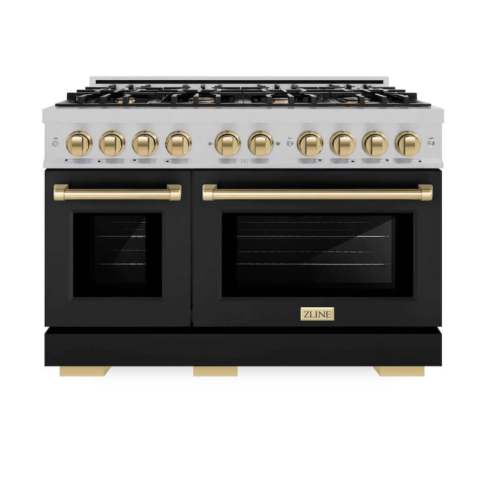 ZLINE Autograph Edition 48-Inch 6.7 cu. ft. Double Oven Gas Range with 8 Burner Cooktop - Satin Stainless Steel, Black Matte Doors & Champagne Bronze Accents (HGRSZ BLM 48 CB) | Professional Kitchen Appliance for Home Chefs & Cooking Enthusiasts