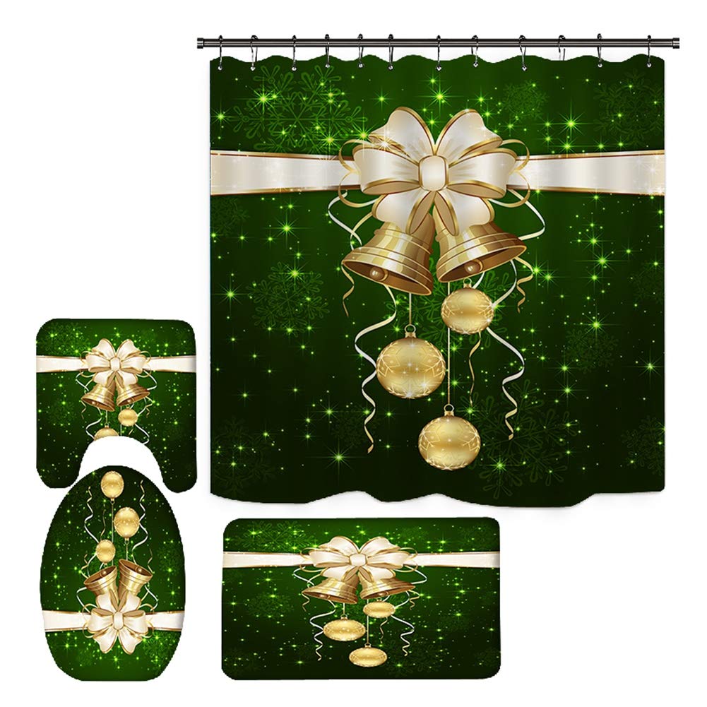 4pcs Christmas Shower Curtain Set with Hooks & Mats for Holiday Bathroom Decor