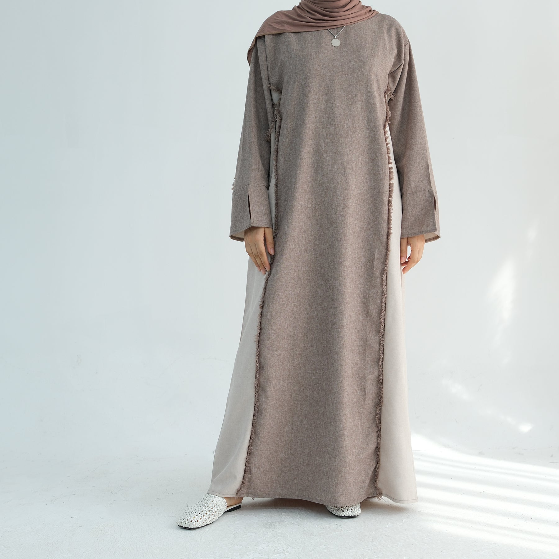 Blair Fringe Abaya Dress in Taupe - Elegant Islamic Modest Dress for Women, Perfect for Prayer, Eid, and Special Occasions