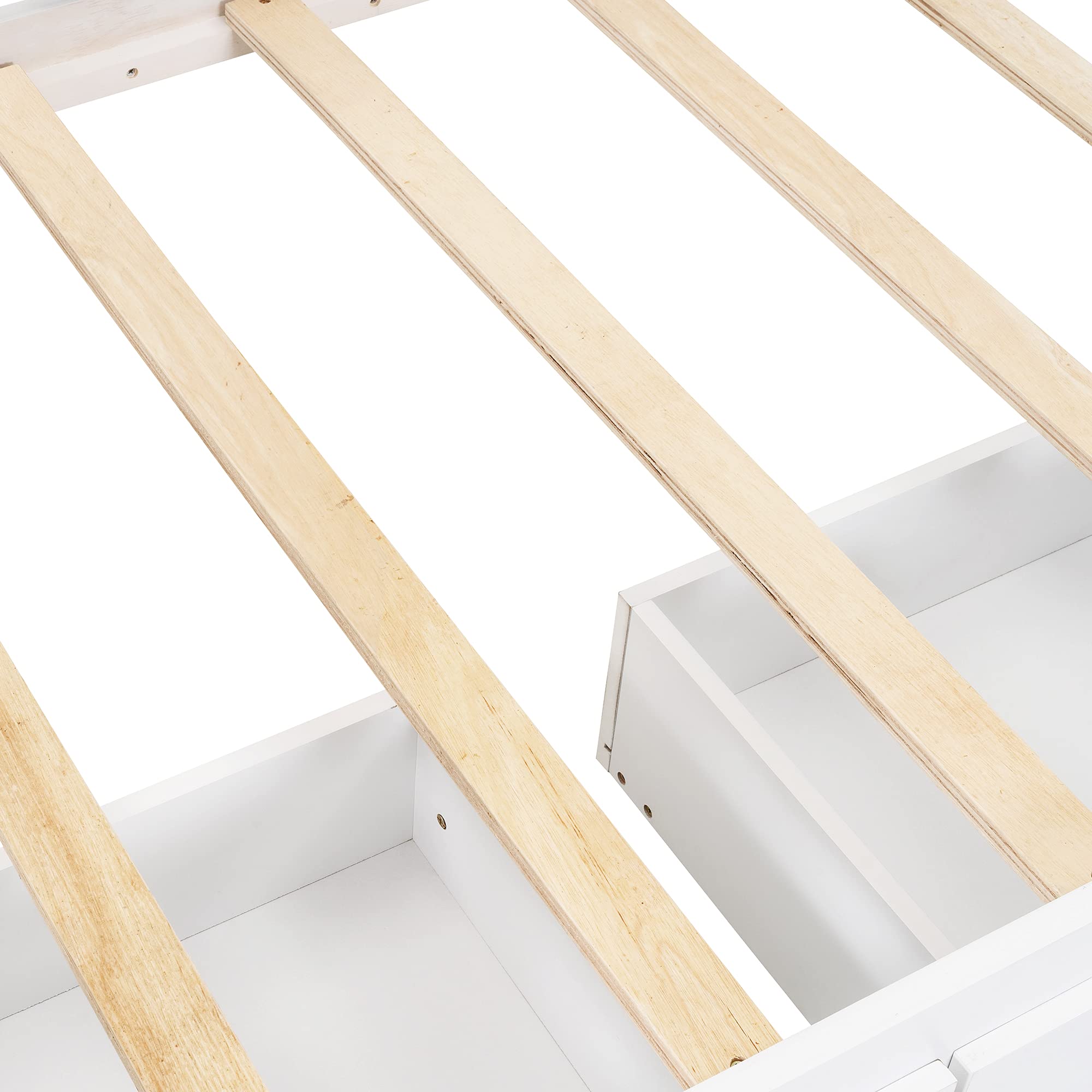 Modern Wooden Twin Size Platform Bed with 6 Drawers - Low Profile Daybed with Fence-Shaped Guardrail, No Box Spring Needed - Perfect for Small Bedrooms, Guest Rooms & Studio Apartments (White)