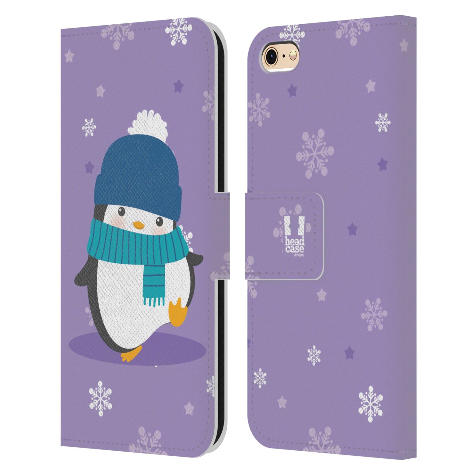 Kawaii Christmas Penguins Leather Wallet Case for iPhone 6/6s - Cute Purple Book Style Phone Cover | Perfect Gift for Holidays, Stocking Stuffers & Everyday Use