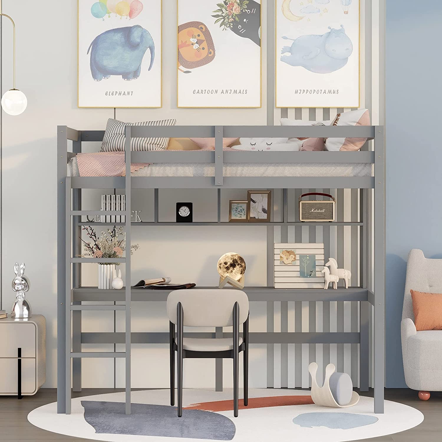 MERITLINE Twin Size Loft Bed with Desk - Sturdy Wooden Loft Bed Frame with Shelves & Built-in Ladder - Space-Saving Loft Bed for Kids, Teens & Adults in Grey - Perfect for Small Bedrooms, Dorms & Studio Apartments