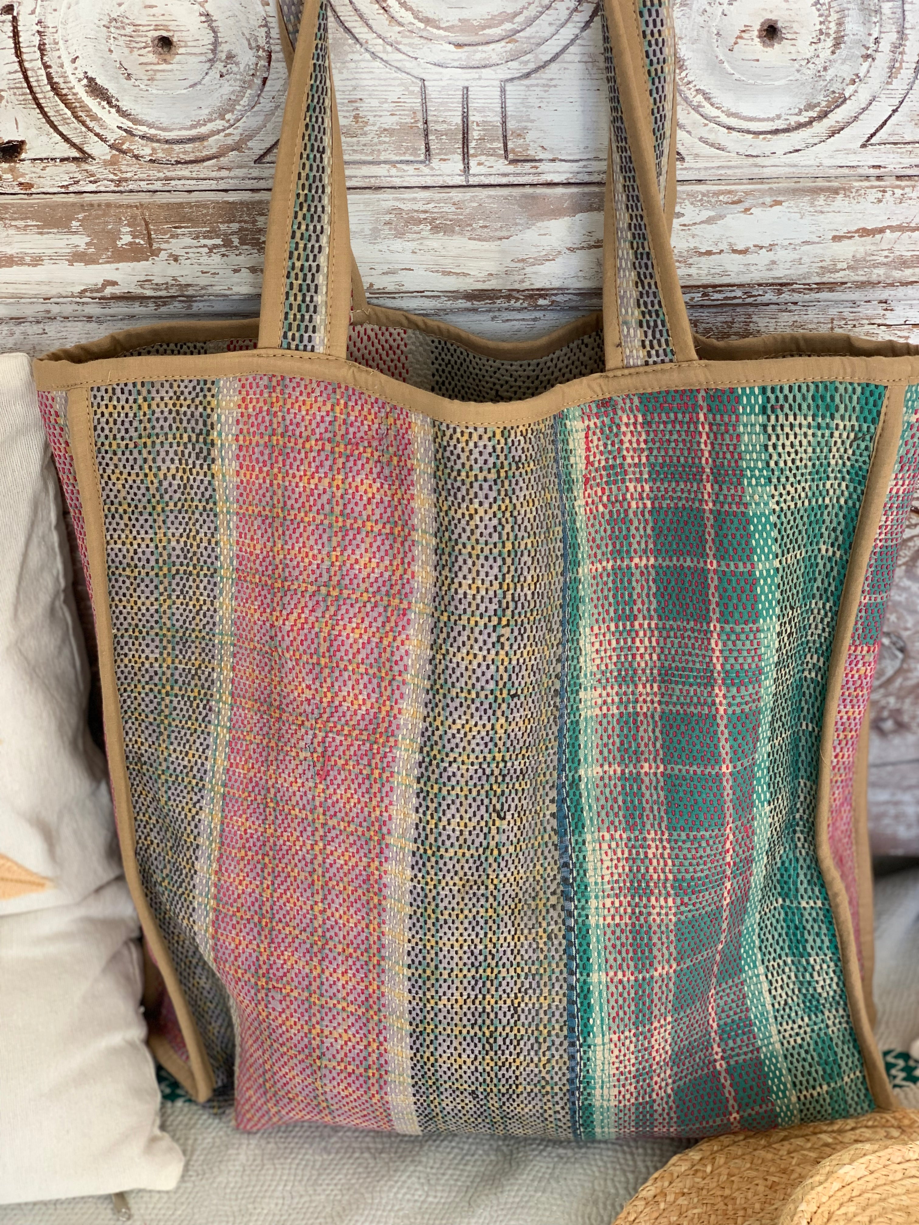 Handmade Kantha Boho Quilted Tote Bag - Stylish & Spacious for Travel, Beach, Shopping & Daily Use