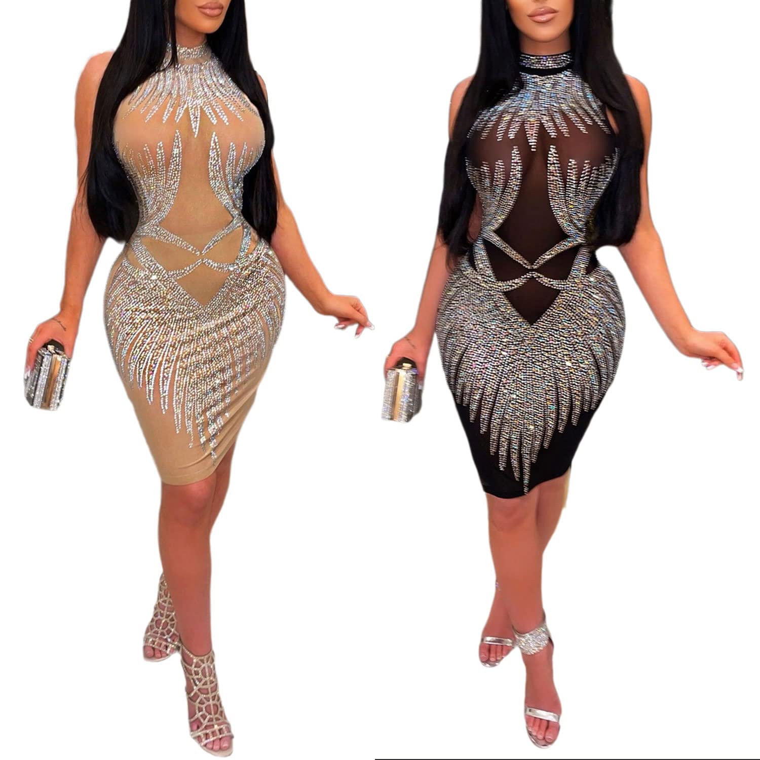 PORRCEY Women's Rhinestone Sleeveless Party Dress - Sexy Elegant Clubwear for Night Out, Evening Gown, Prom or Cocktail Party