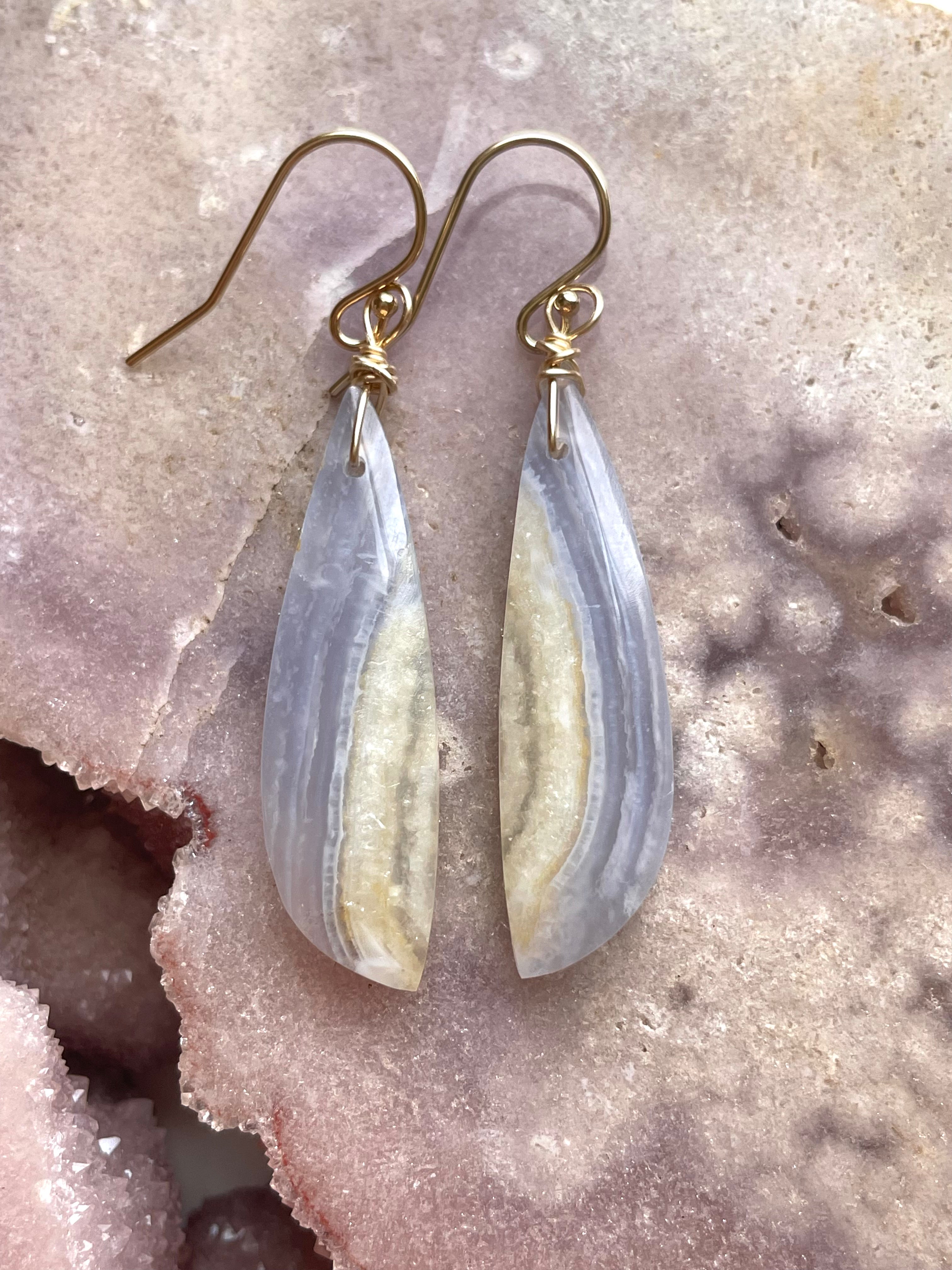 Blue Lace Agate Earrings - 14K Gold Filled Dangle Earrings for Women | Healing Crystal Jewelry Gift for Birthday, Wedding & Everyday Wear