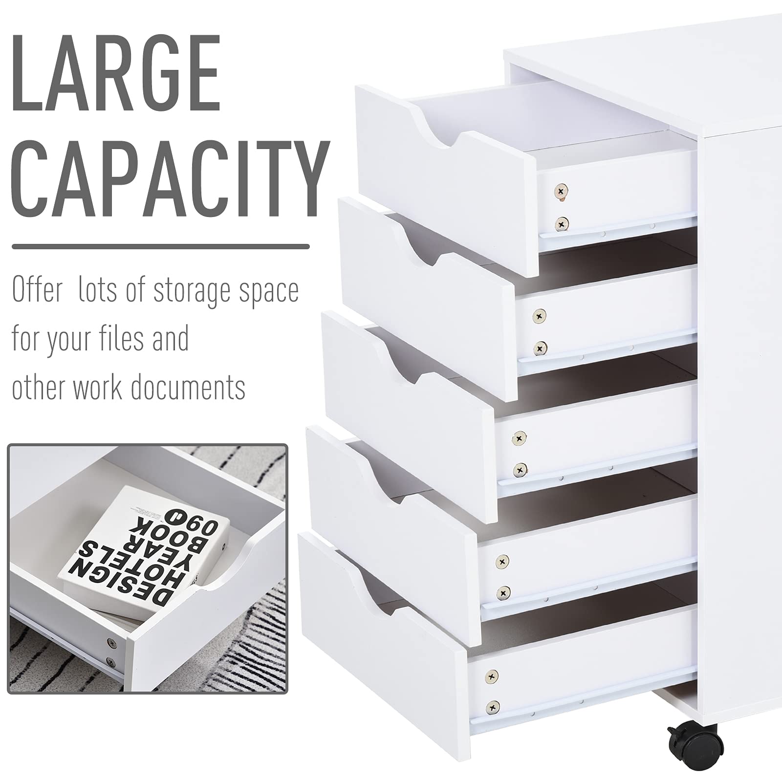 HOMCOM 5-Drawer Storage Organizer Cabinet with Wheels - Modern Nordic Minimalist Office Furniture, White - Perfect for Home Office, Bedroom & Dorm Organization