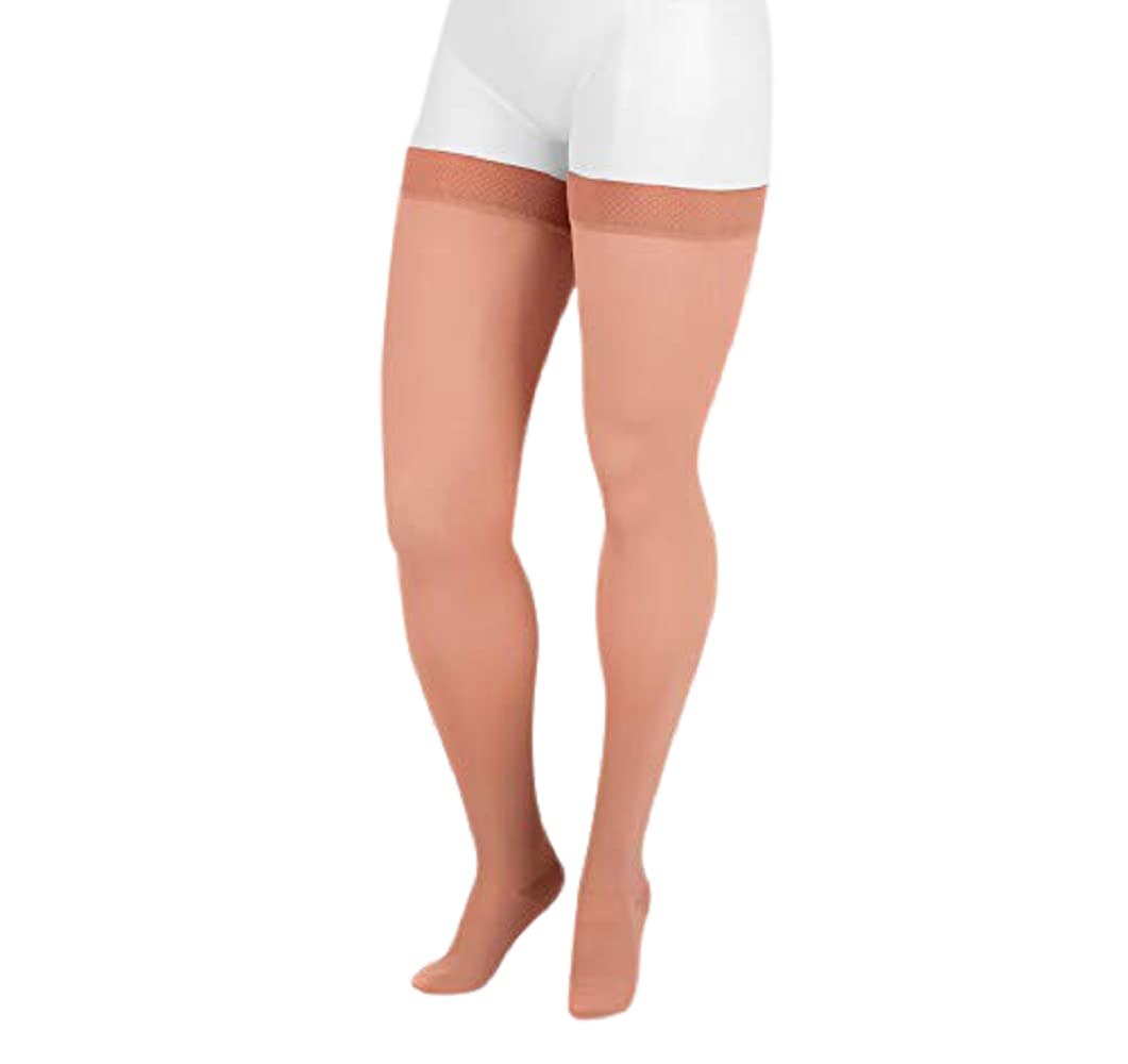 Juzo Dynamic Varin Closed Toe Thigh High Compression Stockings 20-30 mmHg for Men & Women - 2-Way Stretch Medical Grade Support Socks with Silicone Top Band - Made in USA, Beige, Petite Size - Ideal for Lymphedema, Varicose Veins & Post-Surgery Recovery