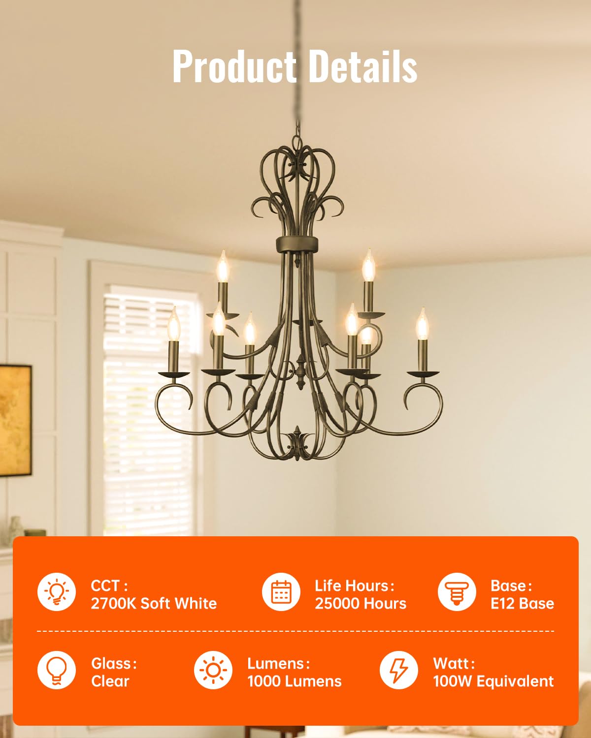 OMED E12 LED Candelabra Bulb 100W Equivalent, 2700K Soft White Dimmable Chandelier Light Bulbs, 7W 1000 Lumen Clear LED Candle Bulbs - 6 Pack for Living Room, Dining Room, Bedroom & Light Fixtures