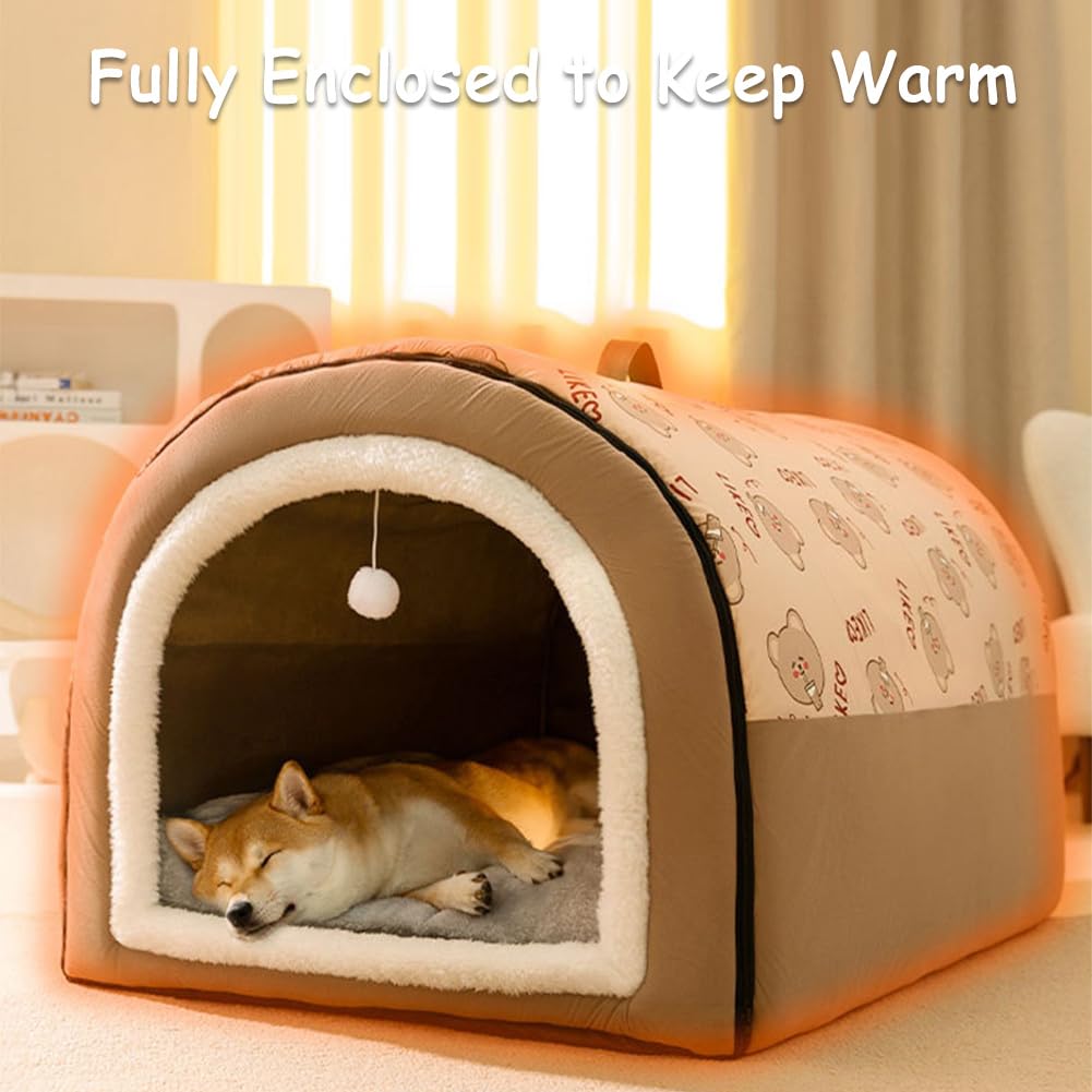 Premium Dog Bed House - 2-in-1 Indoor Pet Bed for Small Dogs & Cats with Fluffy Mat, Washable Cover, Waterproof & Non-Slip Bottom (Medium, Brown/Grey) - Perfect for Living Room, Bedroom & Pet Travel Carrier