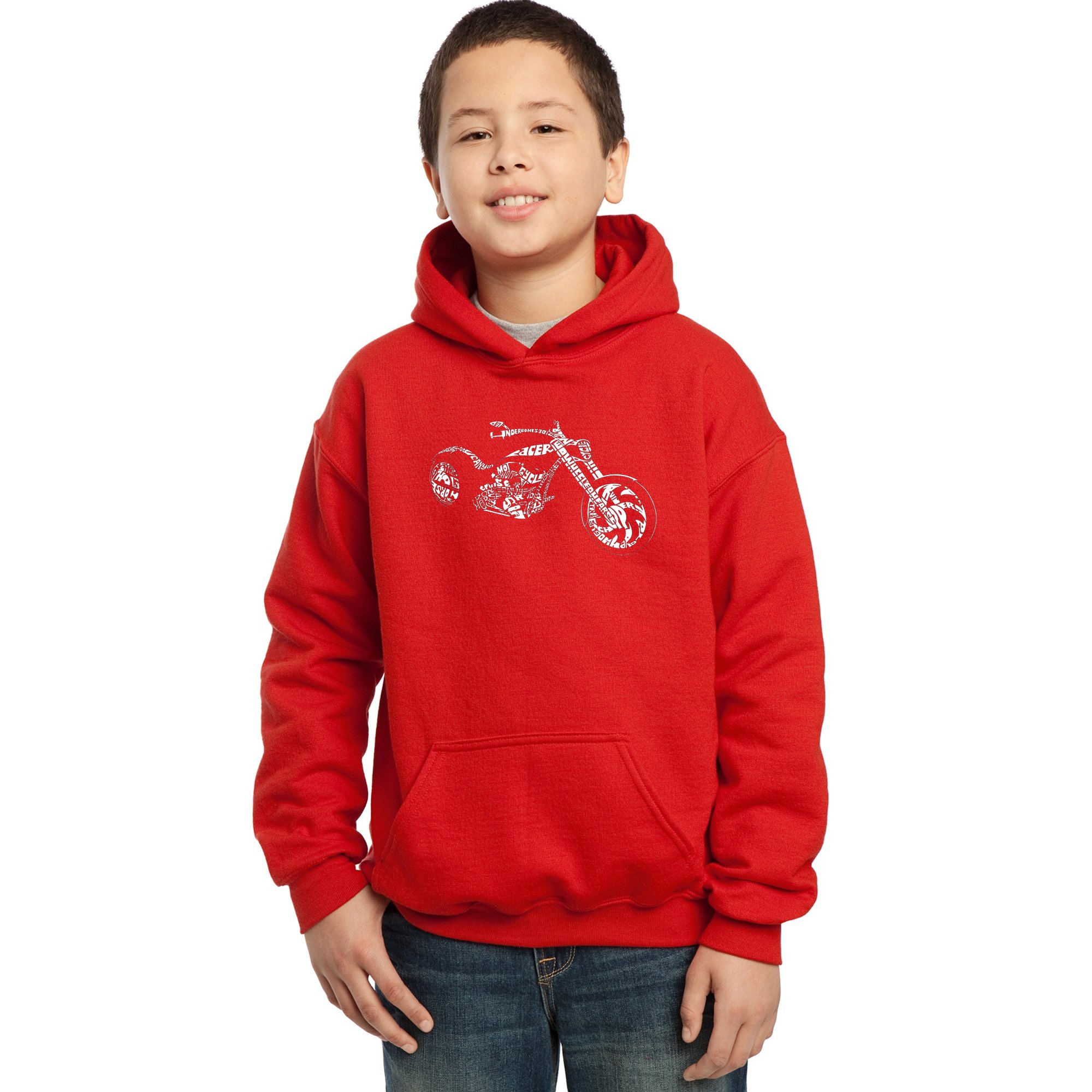 LA POP ART Boys' Motorcycle Word Art Hooded Sweatshirt - Trendy Graphic Pullover for Kids & Teens - Perfect for Riding, School & Casual Wear