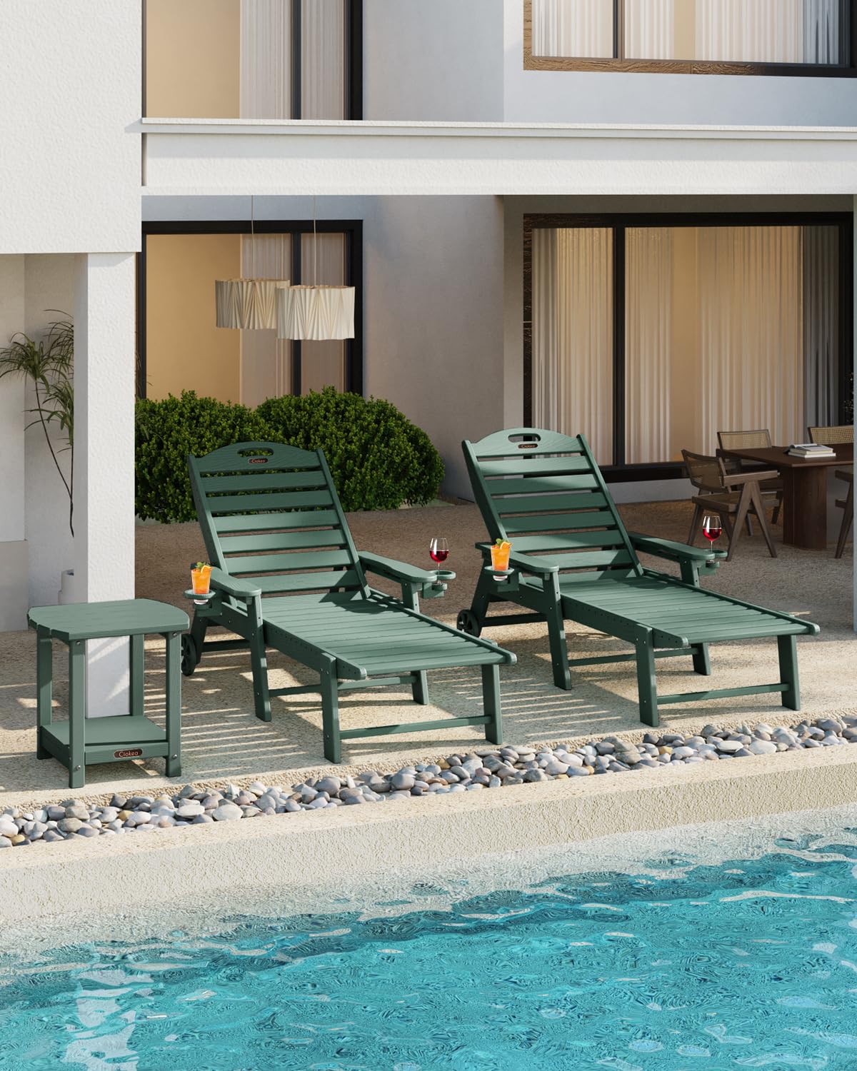 5-Position Adjustable Outdoor Chaise Lounge Chair with Wheels & Double Cup Holders - Wood Texture Patio Poolside Lounge for Backyard, Garden, Beach - Comfortable Sunbathing & Relaxation Furniture (Green)