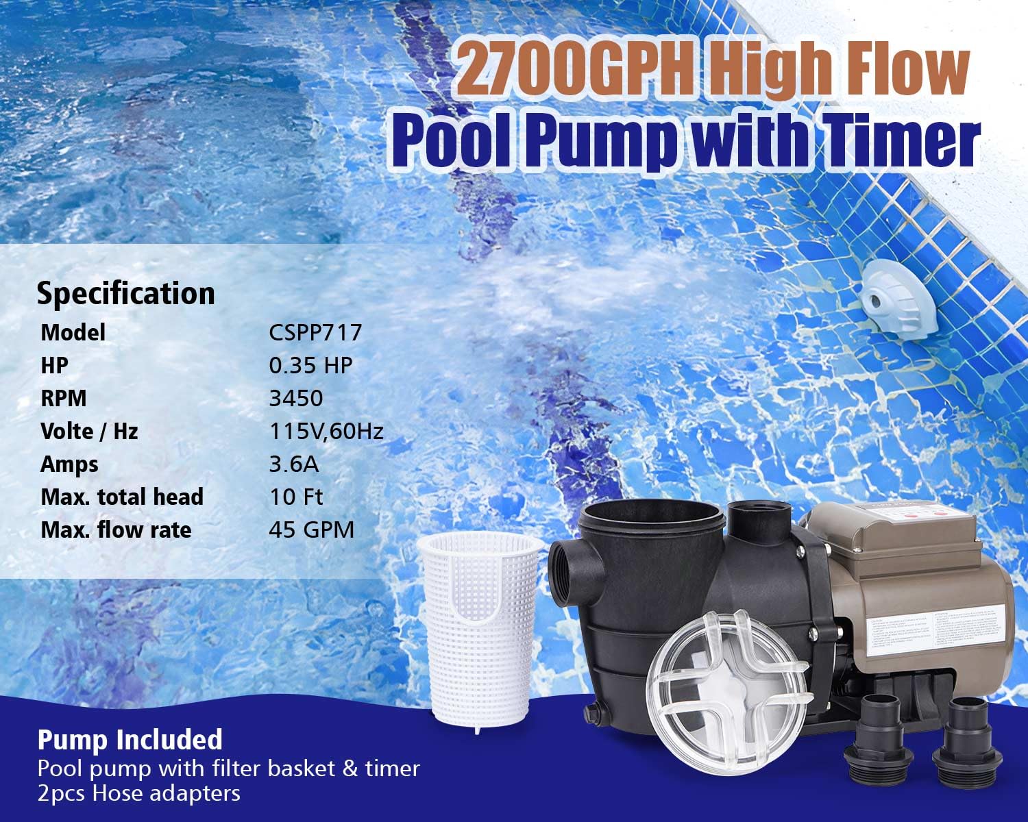 2700GPH 115V Self Priming Above Ground Pool Pump with Timer - 0.35HP Low Noise Swimming Pool Pump with Filter Basket for Hot Tubs, Spas & Water Circulation (Perfect for Backyard Pools, Inflatable Pools & Water Features)
