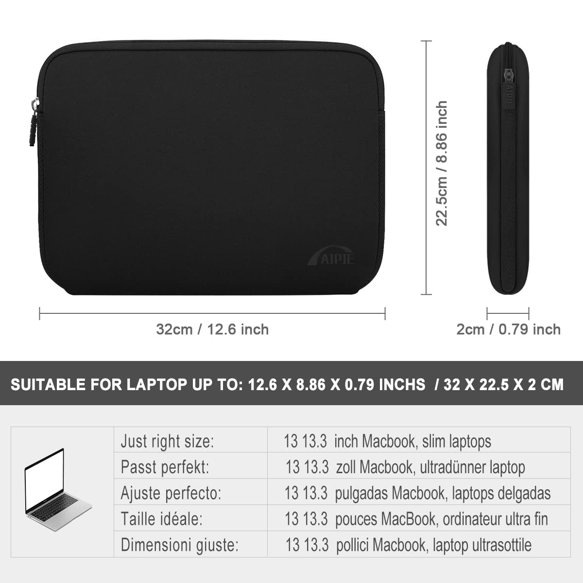 AIPIE 13 Inch Laptop Sleeve Case for MacBook Air Pro M1 M2 & Surface Pro - Protective Padded Bag Compatible with MacBook Pro 13.3 Inch & Other Laptops (32 x 23 x 2.5cm, Black) | Perfect for Travel, Office & School Use