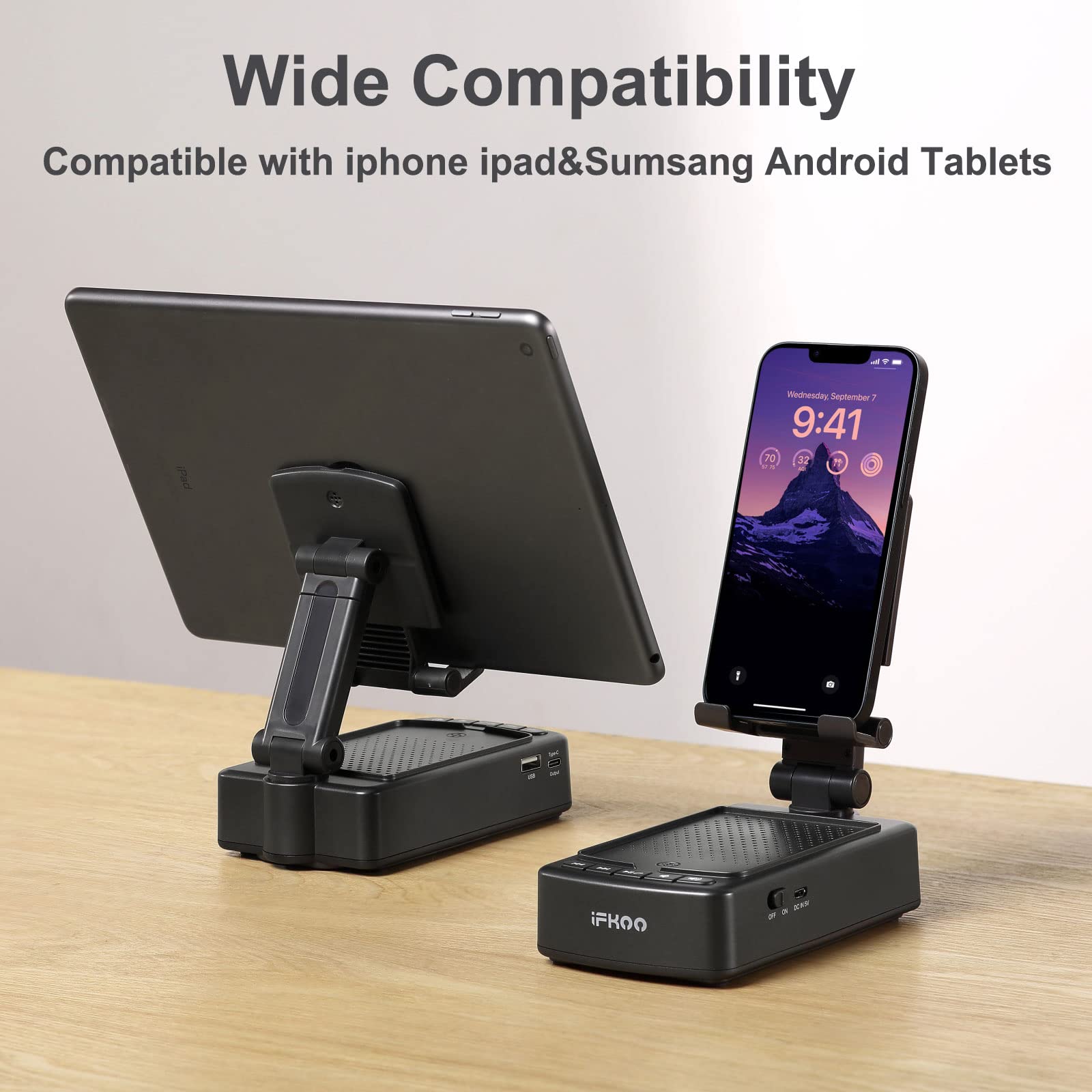 Bluetooth Speaker Phone Stand with BT5.3 - Wireless Charging Holder for iPhone/Android/Tablet - Perfect Tech Gift for Men, Women, Dad - Ideal for Home Office, Bedside, Kitchen & Travel Use