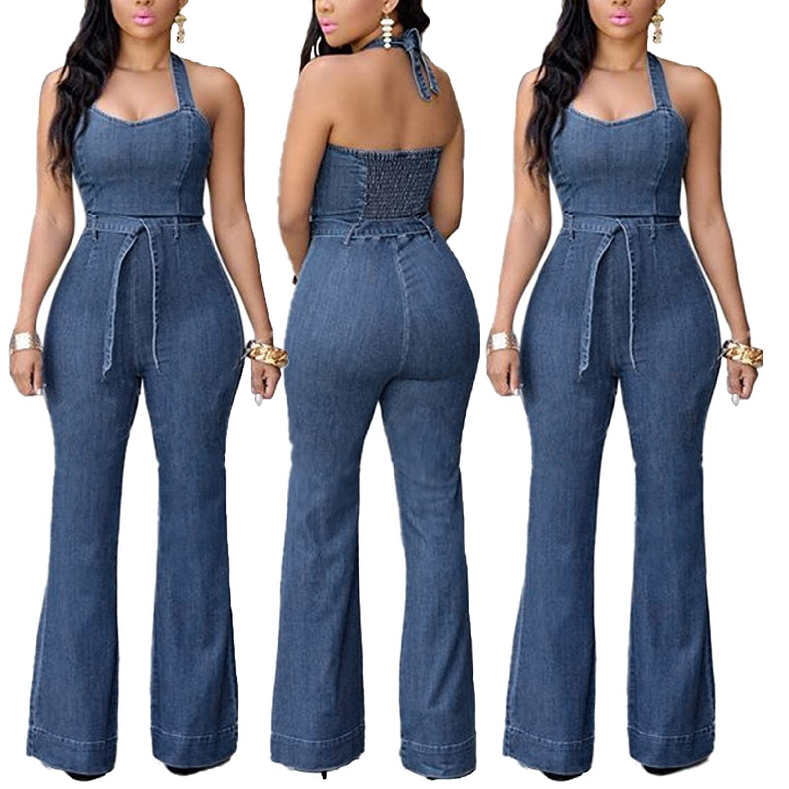 Women's Denim Jumpsuit - Sleeveless Casual Romper with Adjustable Belt, Slim Fit & Wide Leg Design for Summer Outfits | Perfect for Beach, Parties, and Everyday Wear