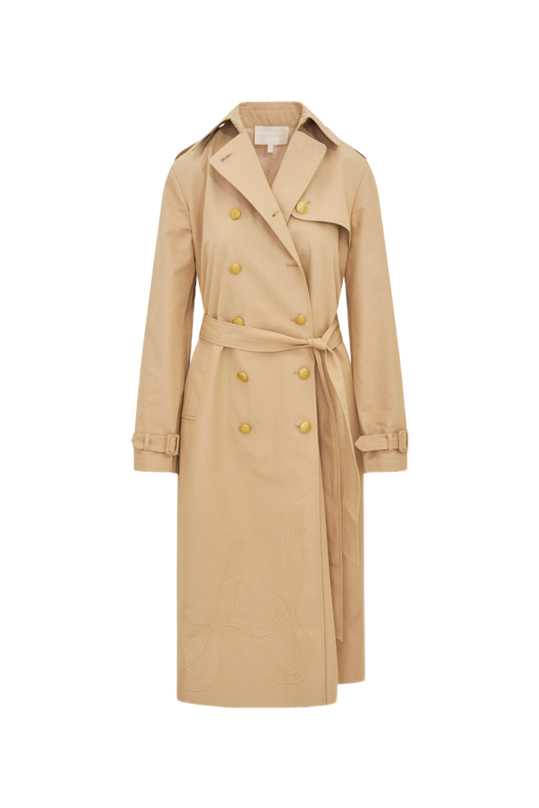Thiel Bow Embroidered Trench Coat for Women - Elegant Long Double Breasted Waterproof Jacket with Belt | Perfect for Office, Date Night & Fall Fashion