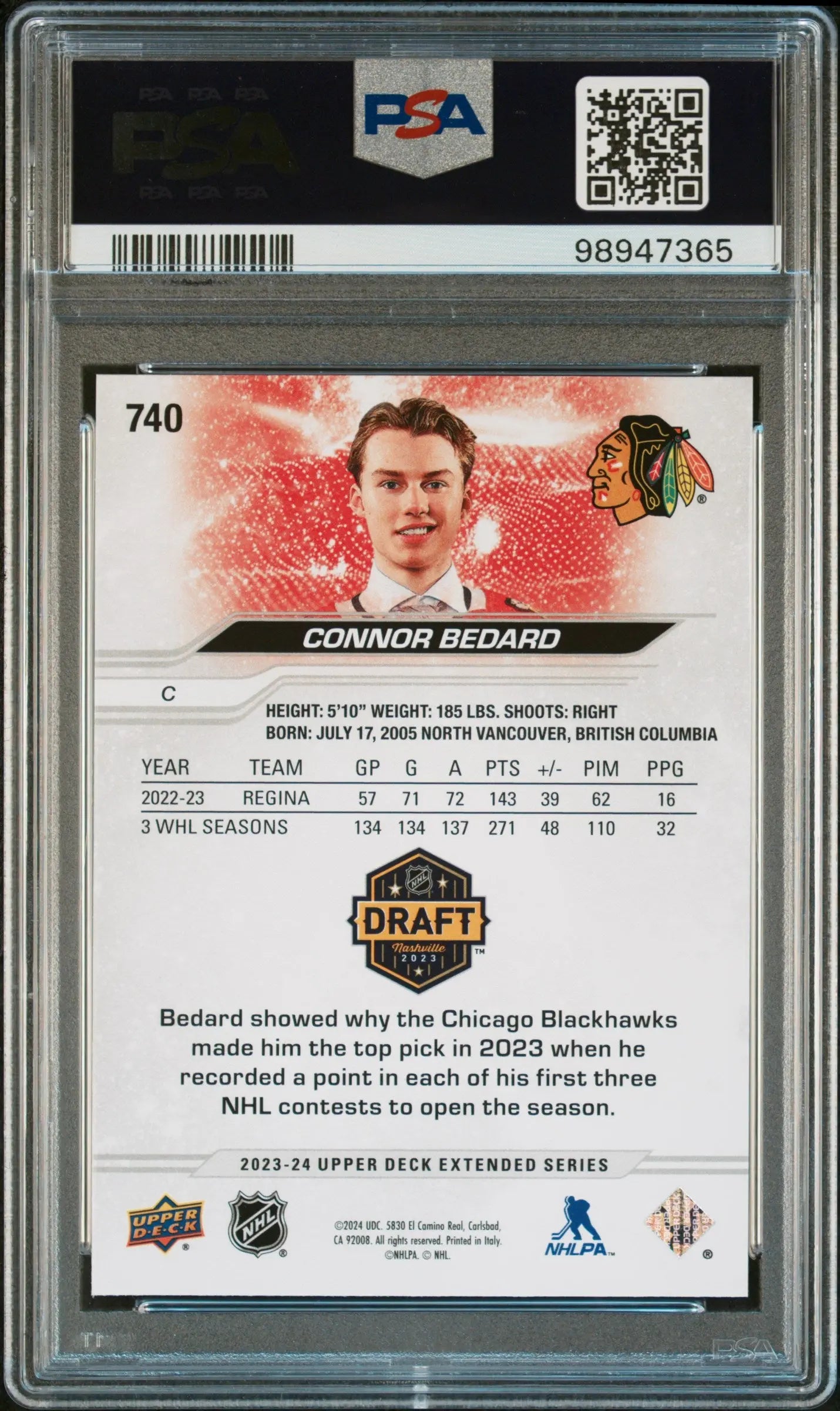 2023-24 Upper Deck Extended Series Connor Bedard RC Draft Outburst PSA 10 Gem Mint Hockey Card - Perfect for Collectors & Investors, Great for Display in Home or Office