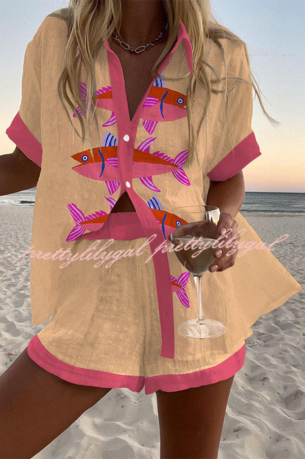 Exotic Fish Print Loose Fit Button Up Shorts with Elastic Waist - Summer Beach Vacation Outfit, Casual Streetwear for Women
