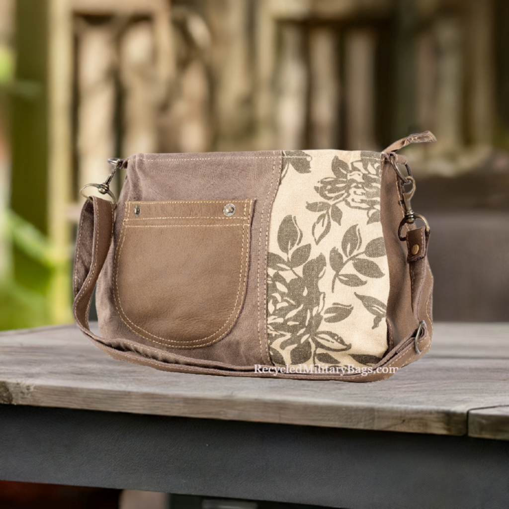 Eco-Friendly Brown Floral Canvas Shoulder Bag with Leather Accents - Sustainable Women's Handbag for Work, Travel & Everyday Use