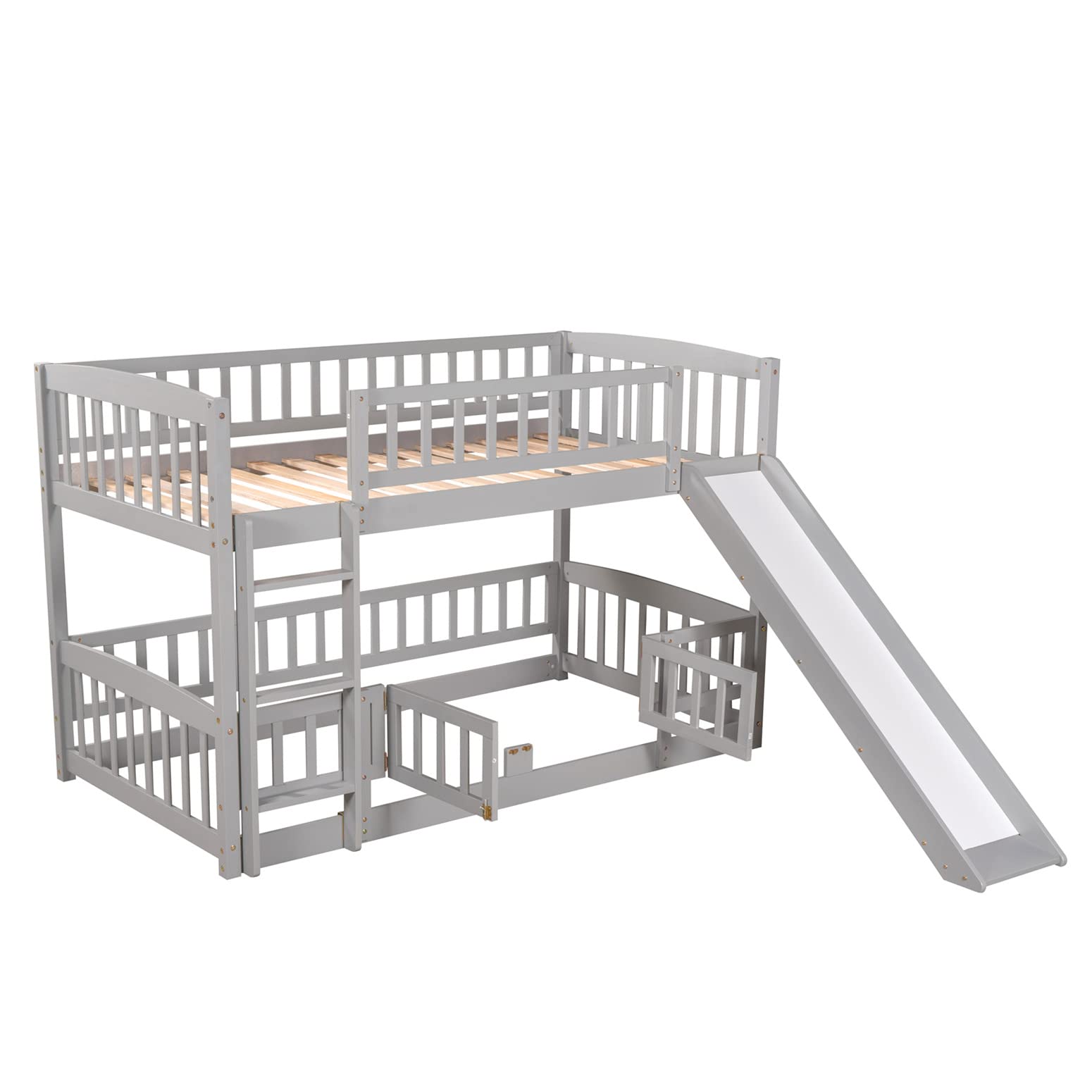 Harper & Bright Designs Twin Over Twin Low Bunk Bed with Slide - Wooden Floor Bunk Bed Frame with Safety Rails for Kids, Toddlers, Boys & Girls - Space Saving Kids Bedroom Furniture (Gray) - Perfect for Small Rooms, Shared Kids Bedrooms & Sleepovers