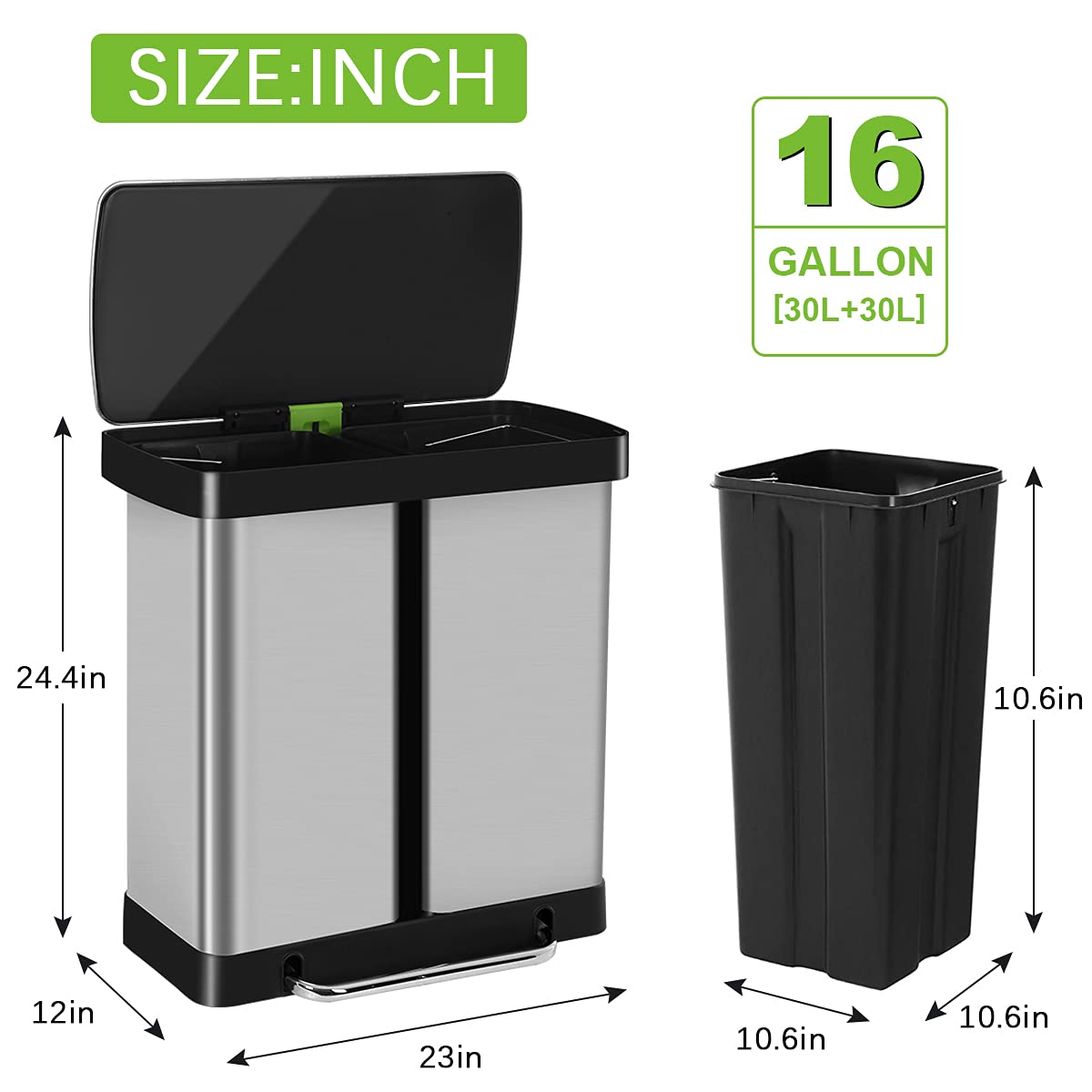 16 Gallon Stainless Steel Dual Trash Can with Lid - 60L High Capacity Step Garbage Bin for Kitchen, Bathroom, Bedroom & Office - Perfect for Waste Separation & Recycling in Home or Workplace