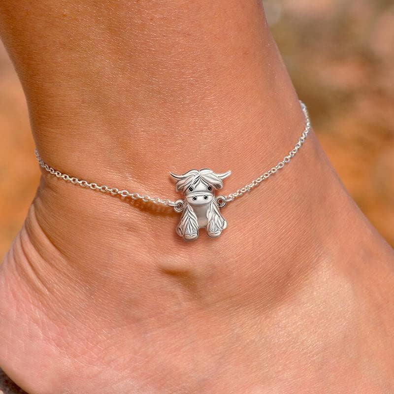 Highland Cow Anklet - 925 Sterling Silver & Gold Plated Charm Anklet Bracelet for Women & Girls, Adjustable 9+2 Inch Chain, Perfect Gift for Birthday, Anniversary & Everyday Wear (Silver/Gold/Rose Gold) - Boho Style Jewelry for Cow Lovers & Animal Print Fashion