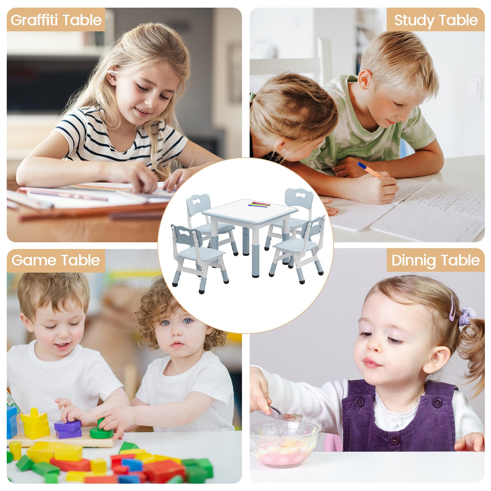 GAOMON Adjustable Kids Table and 4 Chairs Set with Graffiti Desktop - 4-in-1 Toddler Activity Table for Reading, Drawing, Playing & Eating - Perfect for Playrooms, Preschools & Daycares