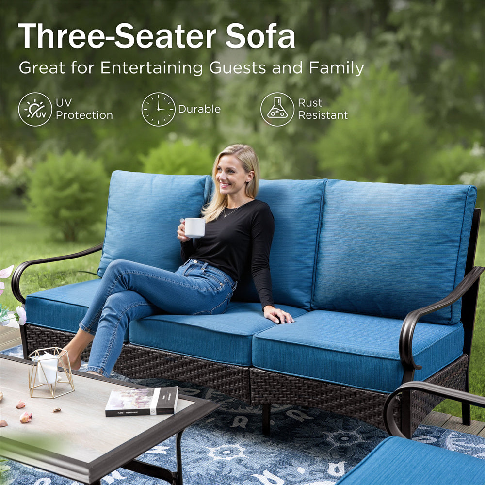 PHI VILLA 5-Piece Outdoor Patio Furniture Set - Thick Cushion Steel Rattan Sofa & Coffee Table - Weather-Resistant Conversation Set for Garden, Poolside, and Backyard Relaxation