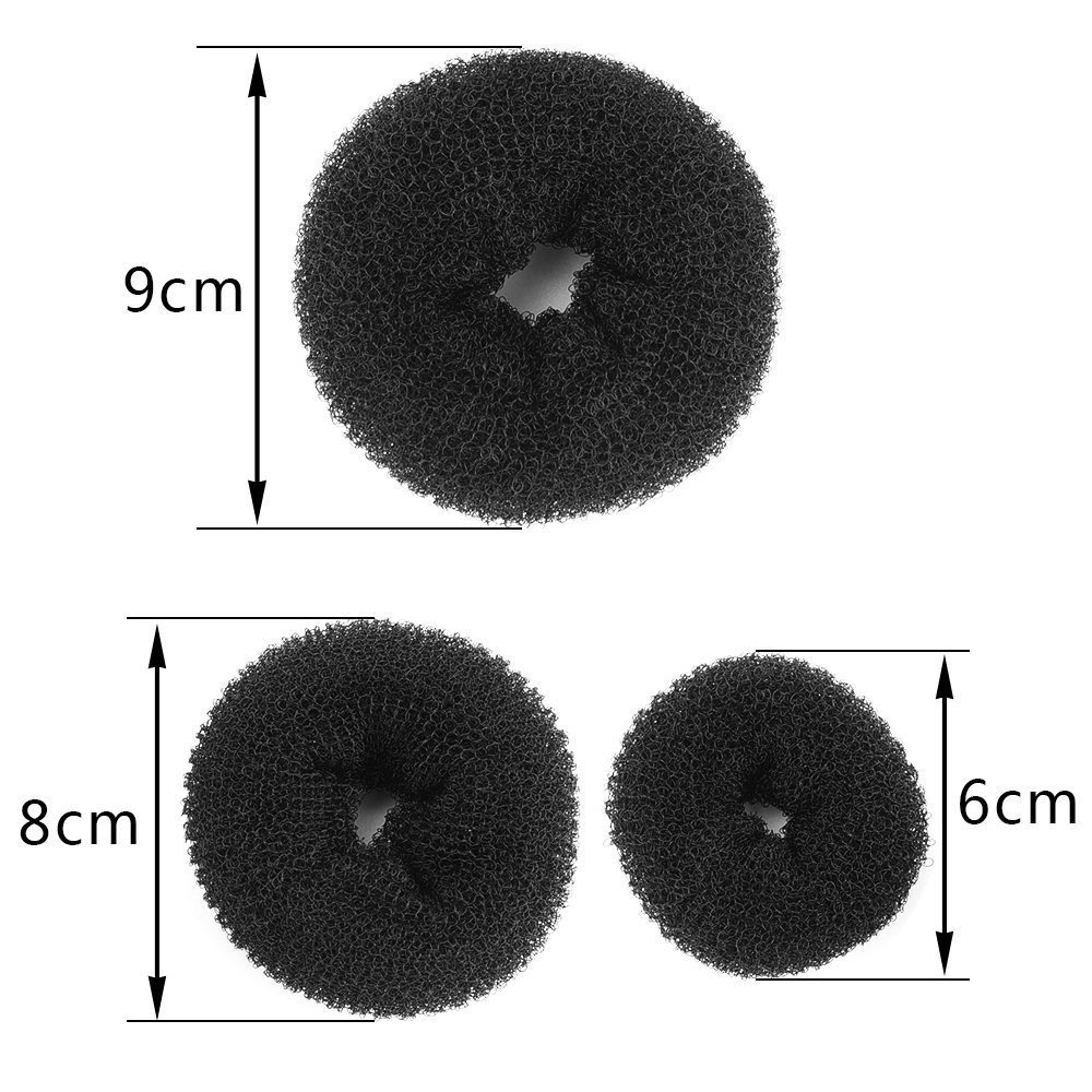 JIAHAO 3-Piece Women's Magic Hair Donut Bun Maker Set - Small, Medium & Large Round Chignon Styler Hair Ring Accessories (Black) | Perfect for Updos, Ponytails & Special Occasions