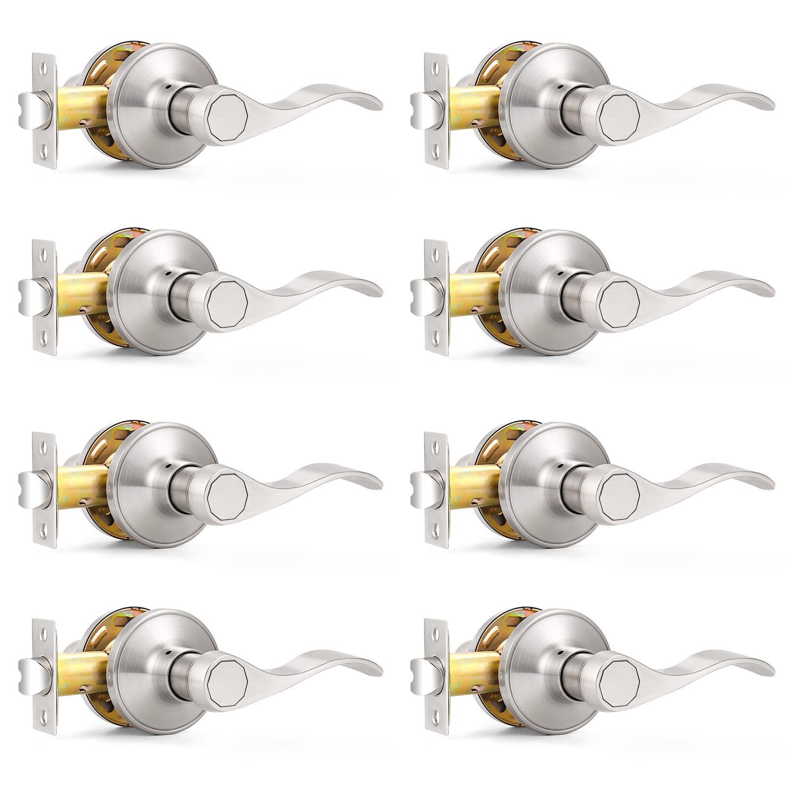 Probrico 8-Pack Wave Style Passage Door Levers - Satin Nickel Hall Closet Handles, Keyless Interior Door Leversets for Bedroom, Bathroom & Closet Doors - Easy Installation & Modern Home Upgrade