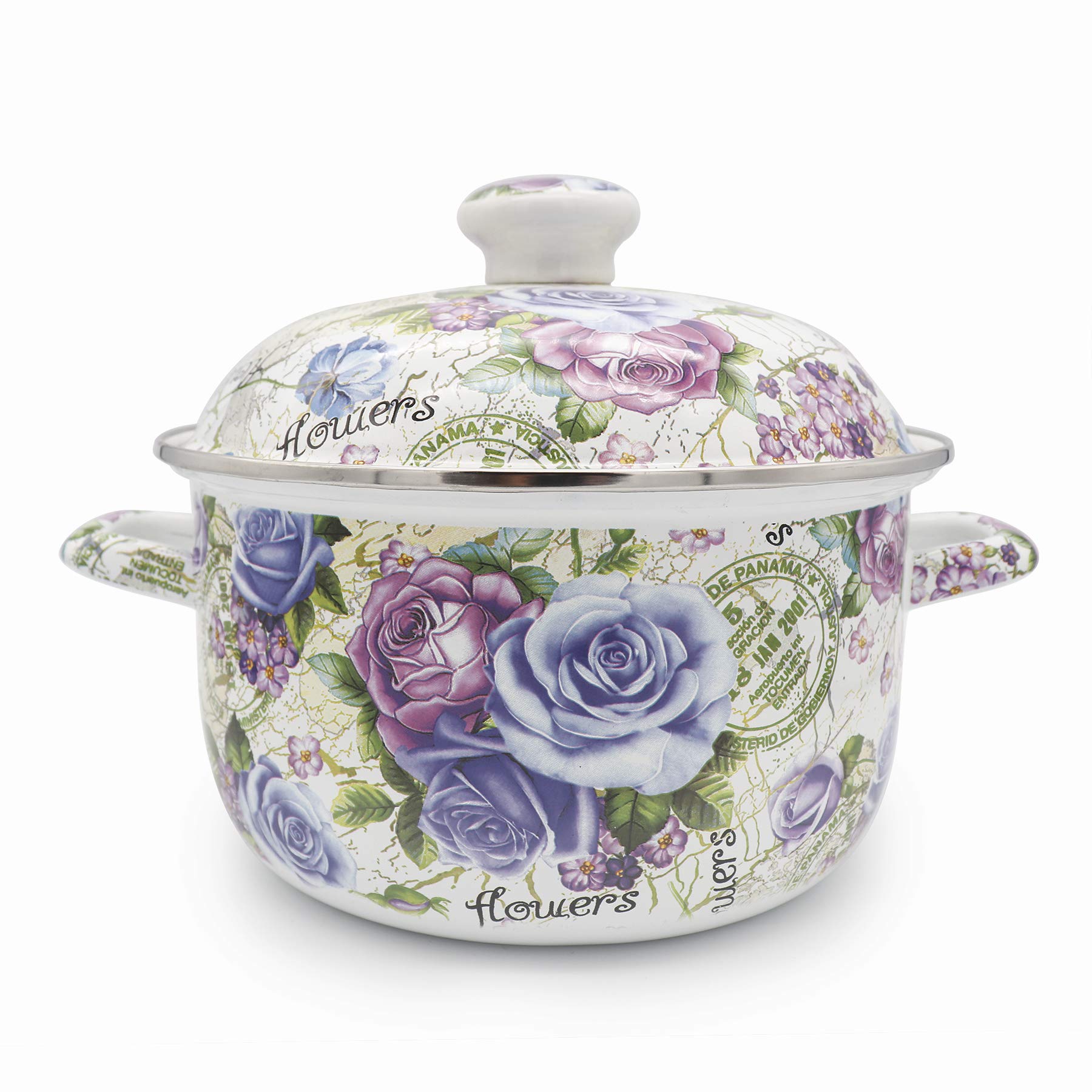 3 Quart Stainless Steel Stock Pot with Lid - Flower Enamel Design for Cooking, Boiling & Stewing - Perfect for Soups, Stews, and Large Family Meals