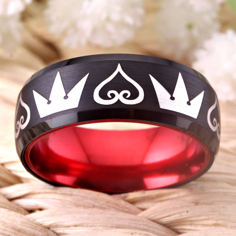 Kingdom Hearts & Crowns Cosplay Ring - 8mm Matte Red & Black Tungsten Wedding Band with Beveled Edges | Free Custom Engraving | Perfect for Cosplay, Costume Parties, and Gothic Weddings