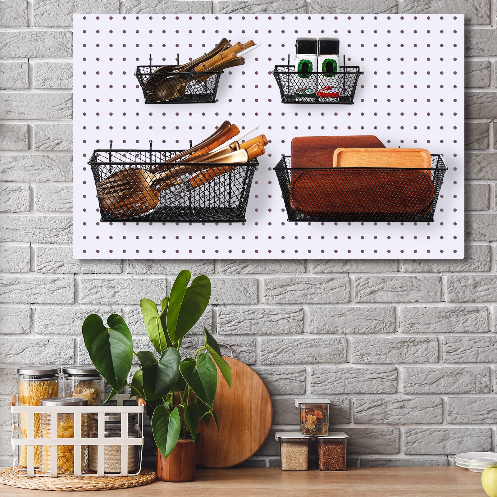 Sieral 4-Pack Black Pegboard Baskets - Metal Wire Shelf Organizers for Pegboard Wall Mount - Small & Large Size Tool Storage Accessories - Perfect for Garage, Workbench, Kitchen & Pantry Organization