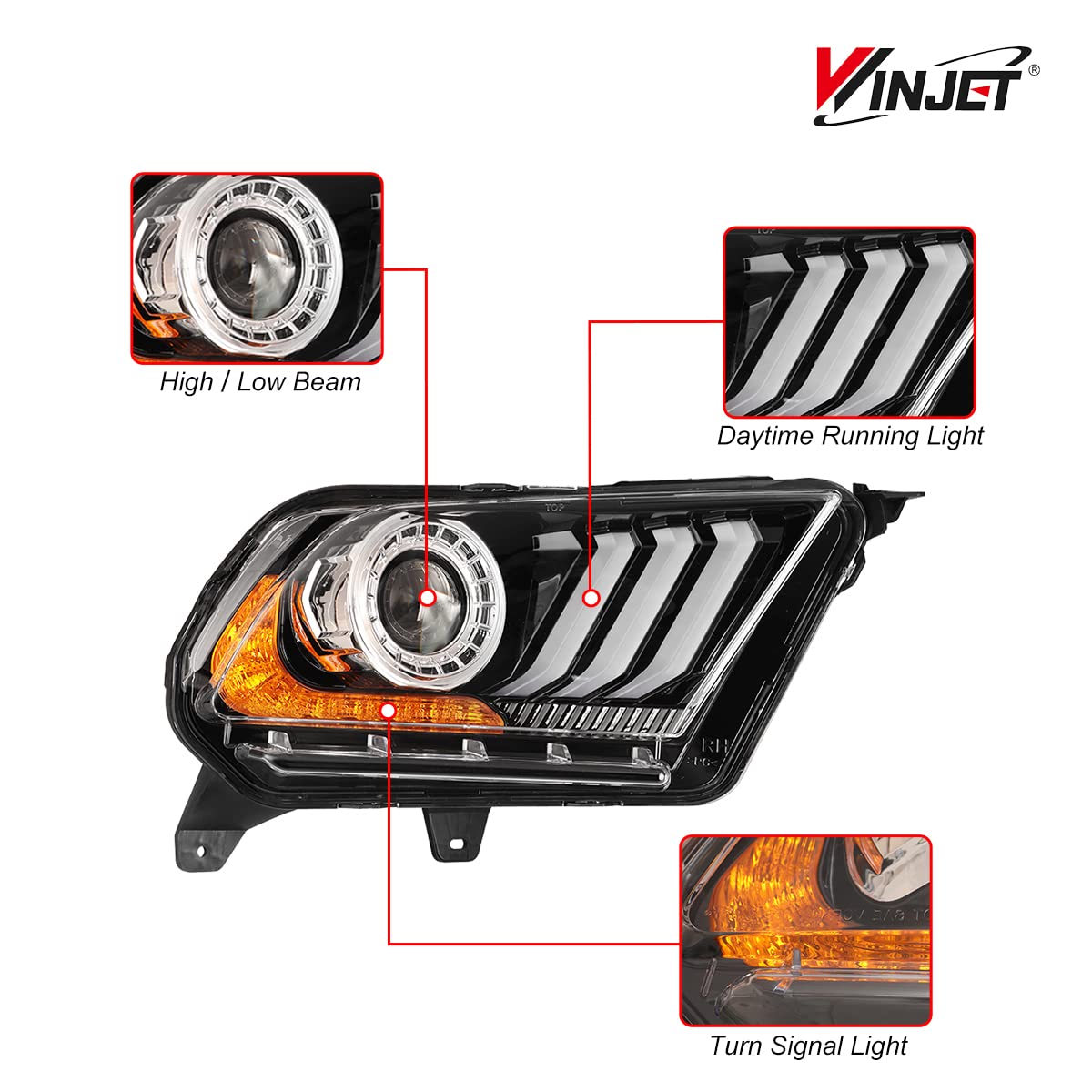 Winjet LED Headlights Assembly for 2010-2012 Ford Mustang & Shelby GT500 - LED DRL, Sequential Turn Signals, Amber Projector, Dual Beam (Driver & Passenger Side) - Upgrade Your Ride for Night Driving & Car Shows