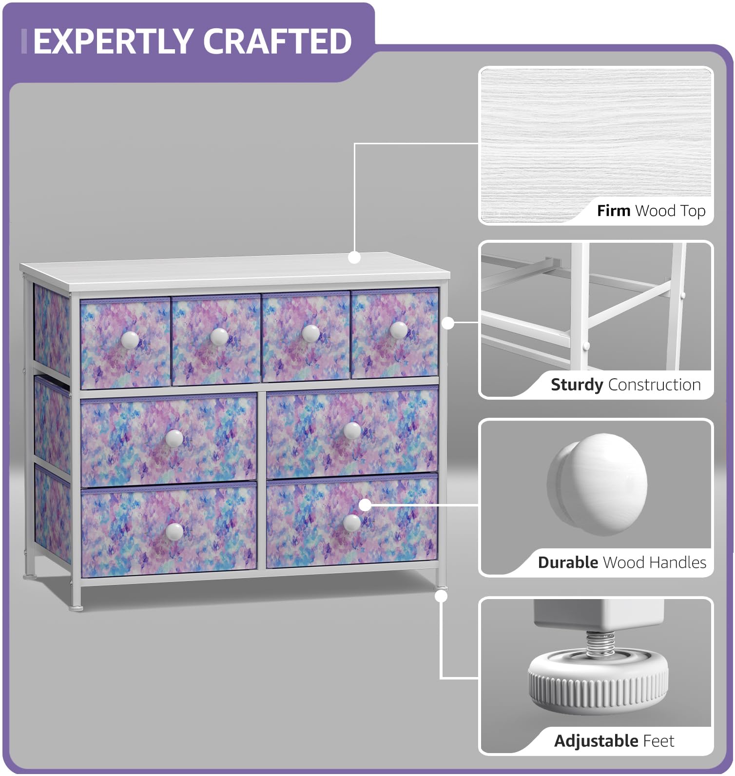 Sorbus 8-Drawer Fabric Dresser for Kids - Sturdy Steel Frame Storage Tower with Fabric Bins, Tie-Dye Purple Knob Handle | Perfect for Bedroom, Nursery, Playroom & Closet Organization