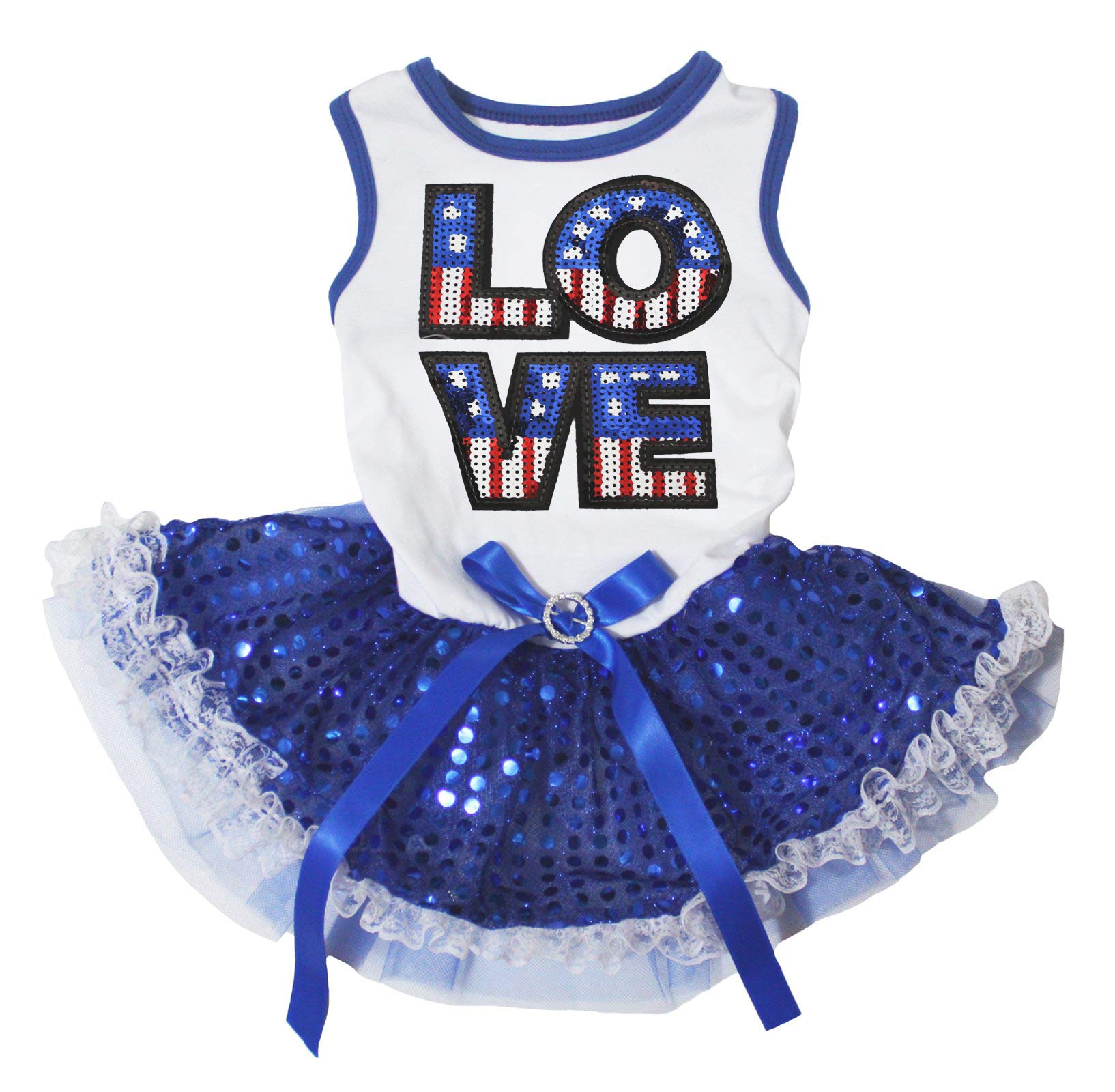 Petitebella Sequins USA Love Puppy Dog Dress - White & Blue Sequined Lace XXL Pet Costume for Small Dogs | Perfect for Halloween, Christmas Parties & Photo Shoots