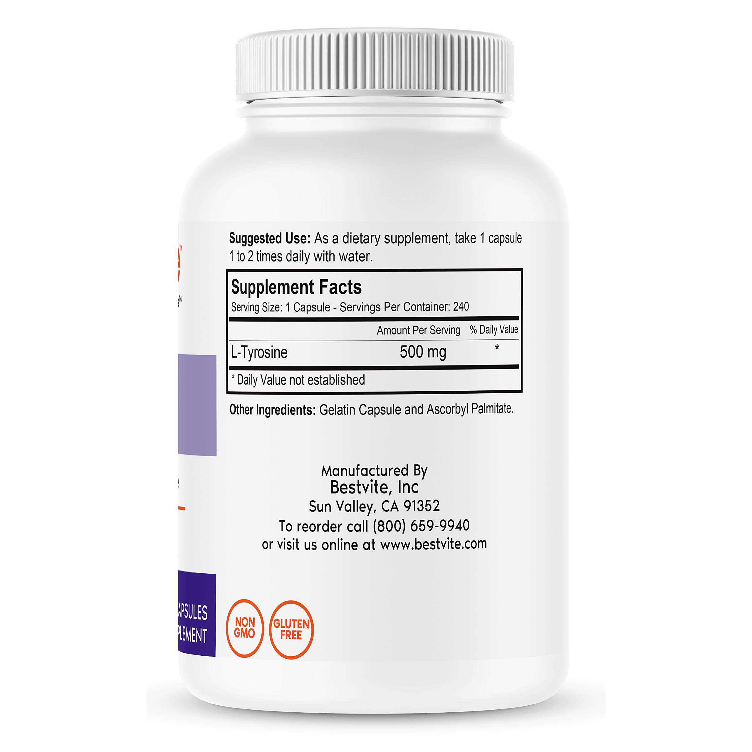 BESTVITE L-Tyrosine 500mg (240 Capsules) - No Stearates - Non GMO - Gluten Free Supplement for Focus, Stress Relief & Mood Support - Perfect for Work, Study & Daily Wellness