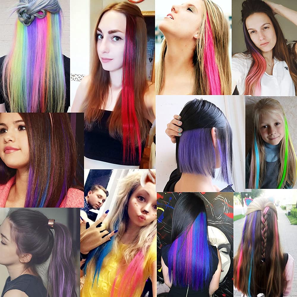 16Pcs Kids Clip in Hair Extensions 20 Inch - Ombre Purple & Light Pink Synthetic Hairpieces for Girls, Straight Colorful Hair Streaks for Parties & Cosplay