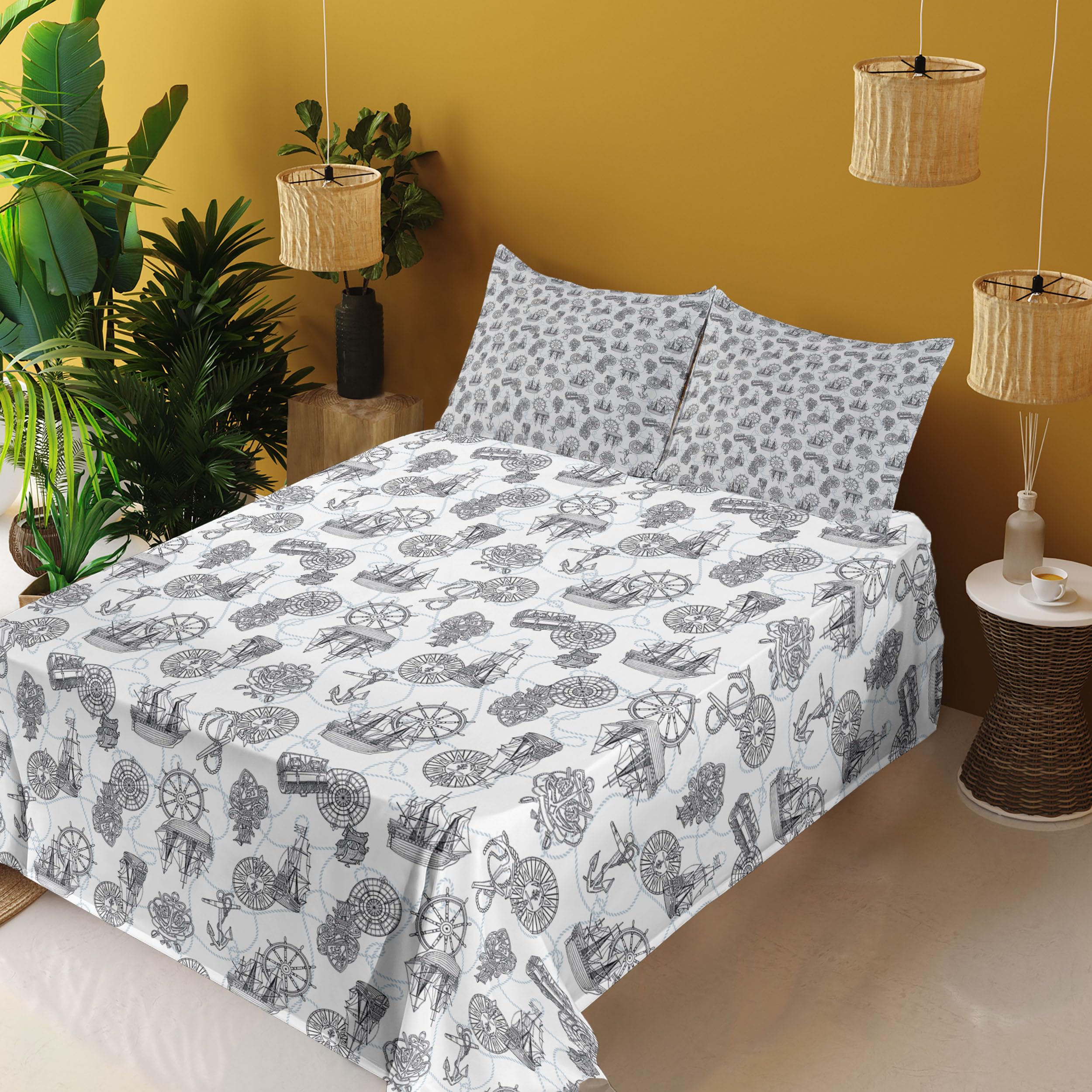Ambesonne 4-Piece Queen Bedding Set - Nautical Compass & Sailing Boat Design with Antique Ships Wheel & Anchor in Black, Blue-Grey & White | Perfect for Coastal, Beach House or Marine-Themed Bedrooms