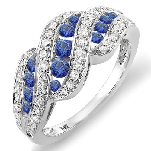 Dazzlingrock Collection 14K Solid White Gold Round White Diamond & Blue Sapphire Women's Cocktail Ring - Elegant Right Hand Ring for Parties, Weddings & Special Occasions