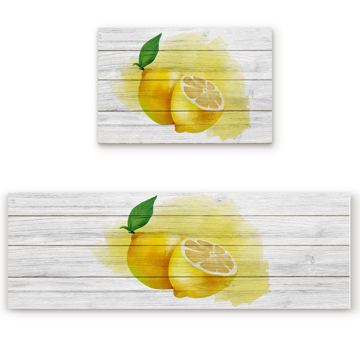 Non-Slip Waterproof Kitchen Floor Comfort Mat Set - 2-Pack Anti-Fatigue Standing Mats & Runner Rugs (15.7x23.6in + 15.7x47.2in, Lemon) for Cooking, Dishwashing & Food Prep Areas