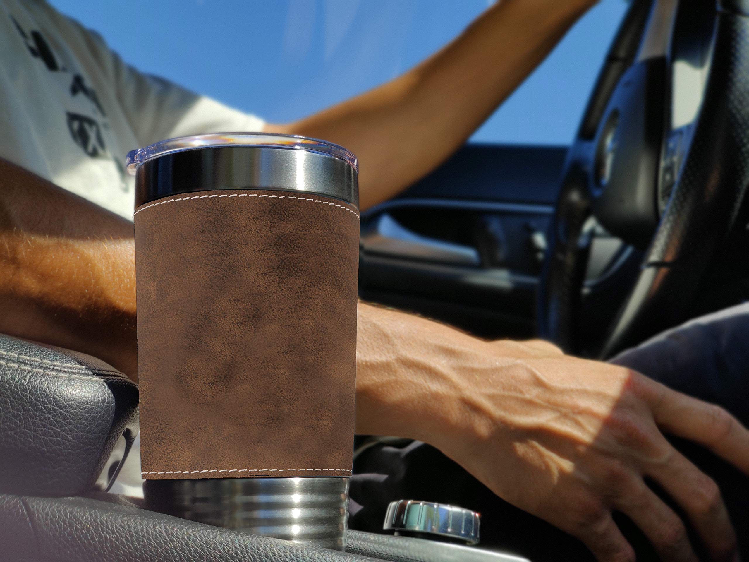 LaserGram 20oz Vacuum Insulated Stainless Steel Tumbler Mug with Personalized Engraving - Leakproof Travel Coffee Cup for Hot & Cold Drinks - Perfect for Office, Gym, Camping & Outdoor Activities (Faux Leather Handle, Rustic Style)