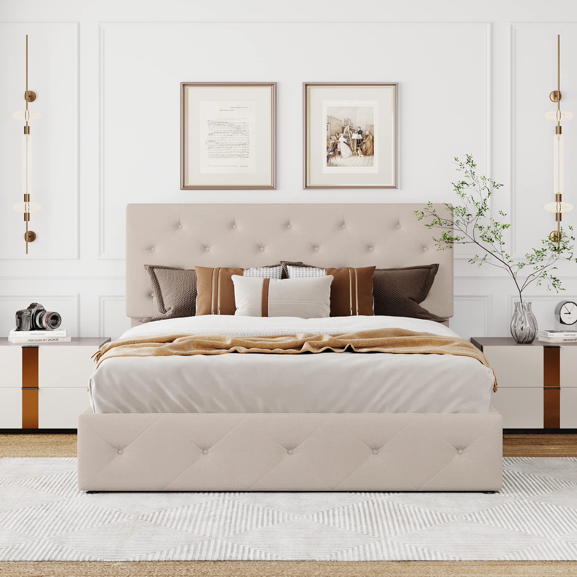 Harper & Bright Designs Queen Size Upholstered Platform Bed with Lift-Up Storage & Tufted Headboard - Wooden Bed Frame for Teens & Adults (Beige) | Space-Saving Storage Bed for Small Bedrooms, Guest Rooms & Dorm Rooms