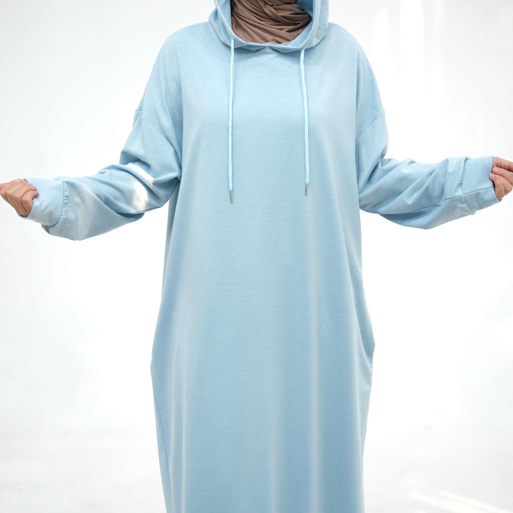 Alora Poly Hoodie Abaya - Modest Islamic Fashion for Women | Blue Long Sleeve Prayer Dress with Hood | Perfect for Prayer, Mosque & Everyday Wear