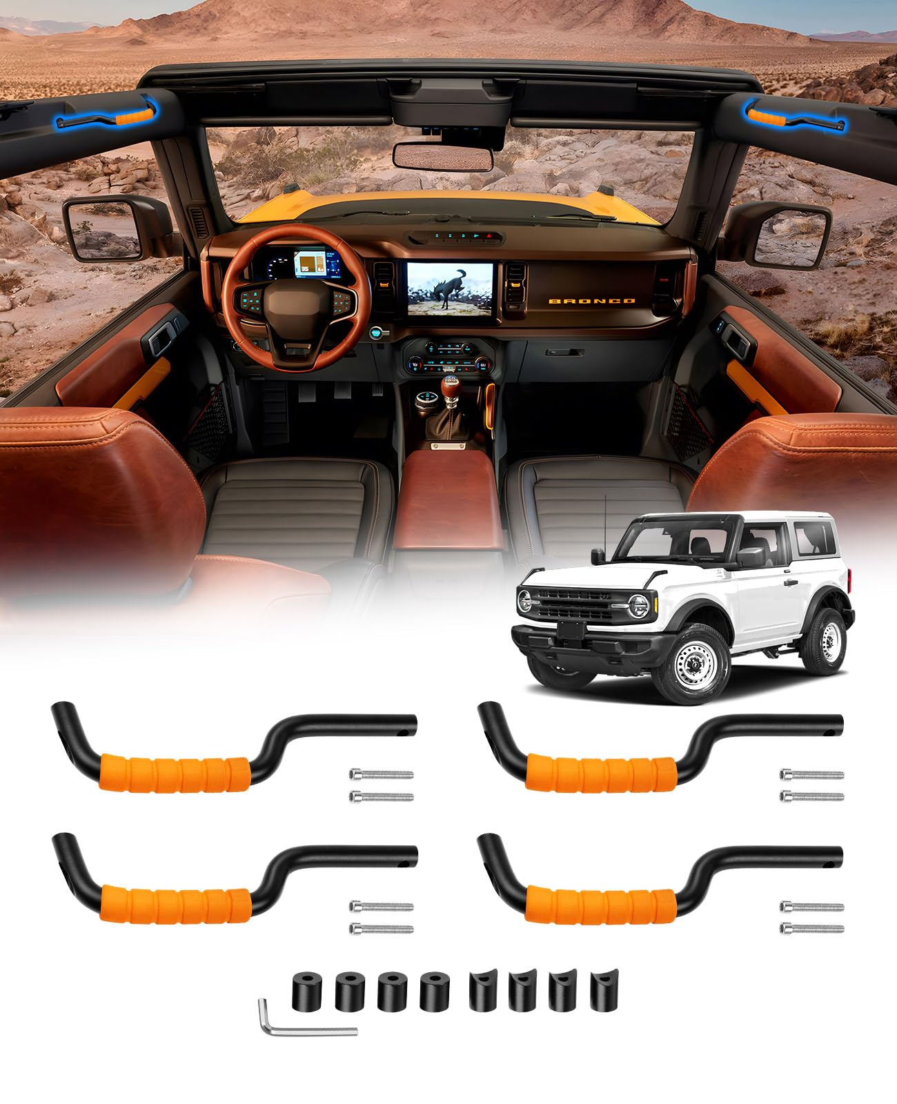 2021-2025 Ford Bronco 4 Door Roll Bar Grab Handles - 4 Pack Non-Slip Cotton Orange Handles for Front & Rear - Durable Interior Accessories - Perfect for Off-Roading, Camping & Adventure Trips
