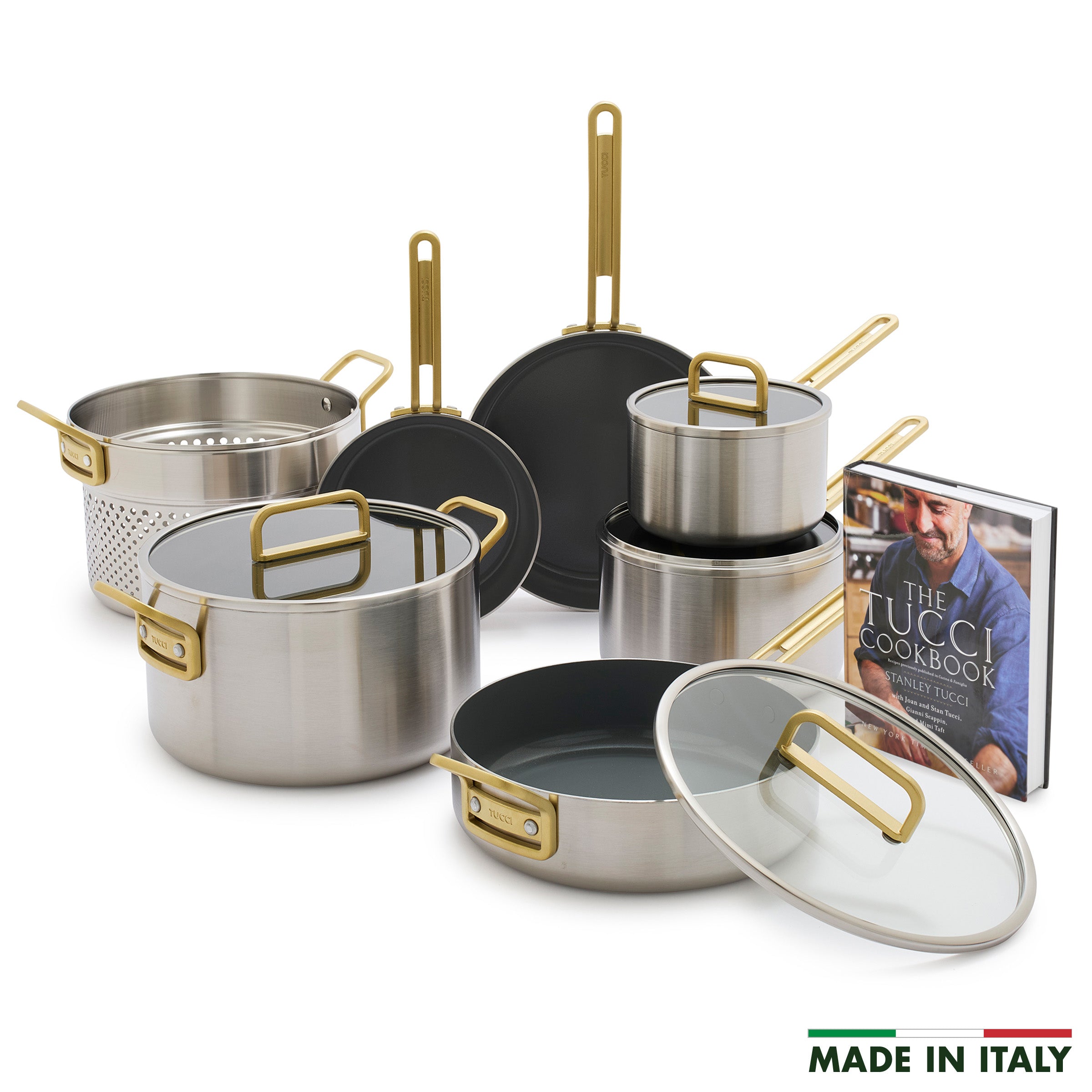Stanley Tucci 11-Piece Stainless Steel & Ceramic Nonstick Cookware Set with Cookbook | Champagne Handles | Perfect for Home Cooking, Professional Chefs & Gift Giving
