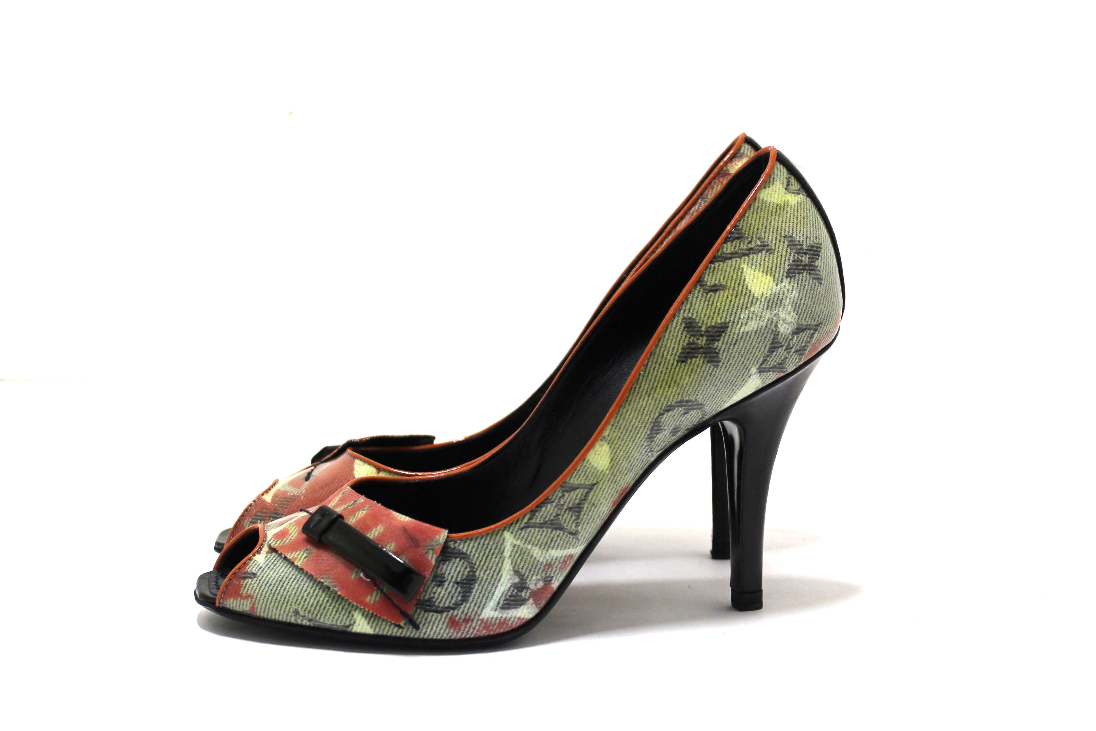 Authentic Louis Vuitton Yellow Monogram Coated Denim Richard Prince Peep Toe Pumps - Size 36 EU (Women's Luxury High Heels) - Perfect for Evening Parties, Weddings & Special Occasions