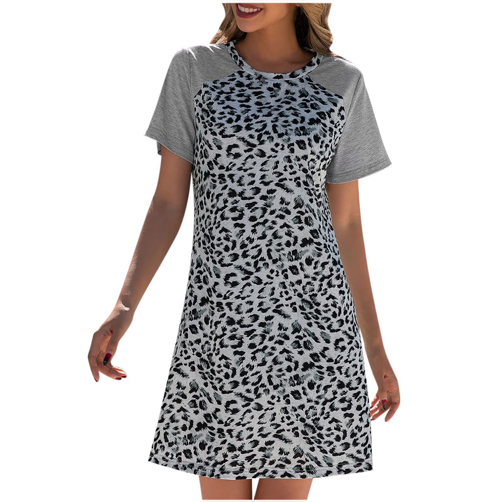 FAVIPT Women's Leopard Print Short Sleeve Summer Dress - Casual Round Neck Bohemian Mini Shirt Dress for Spring & Summer | Perfect for Beach, Vacation & Casual Outings
